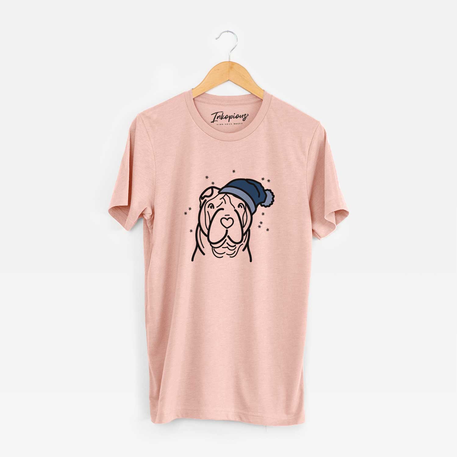 Minimalist line drawing of a Shar Pei wearing a winter beanie on a Peach Unisex crewneck