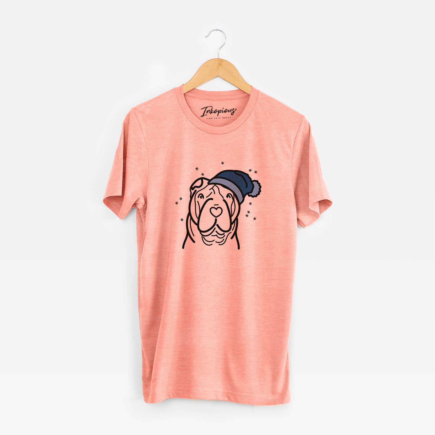Minimalist line drawing of a Shar Pei wearing a winter beanie on a Sunset Unisex crewneck