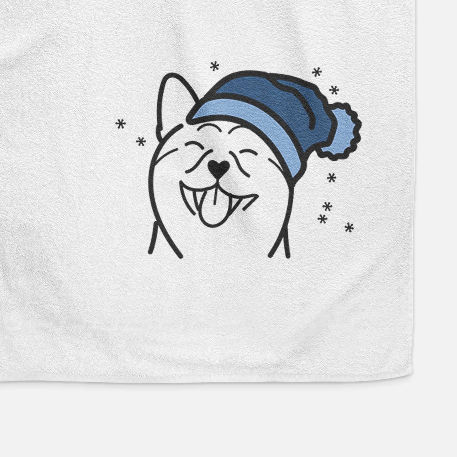 Minimalist line drawing of a Shiba Inu wearing a winter beanie on a decorative hand towel
