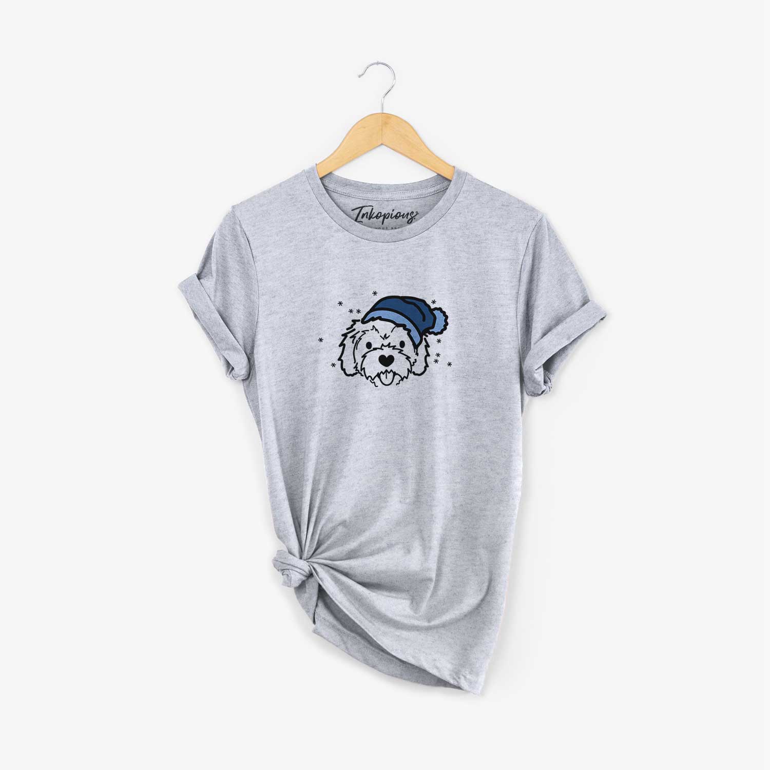 Minimalist line drawing of Sprinkles the Cockapoo wearing a winter beanie on a Grey Unisex crewneck