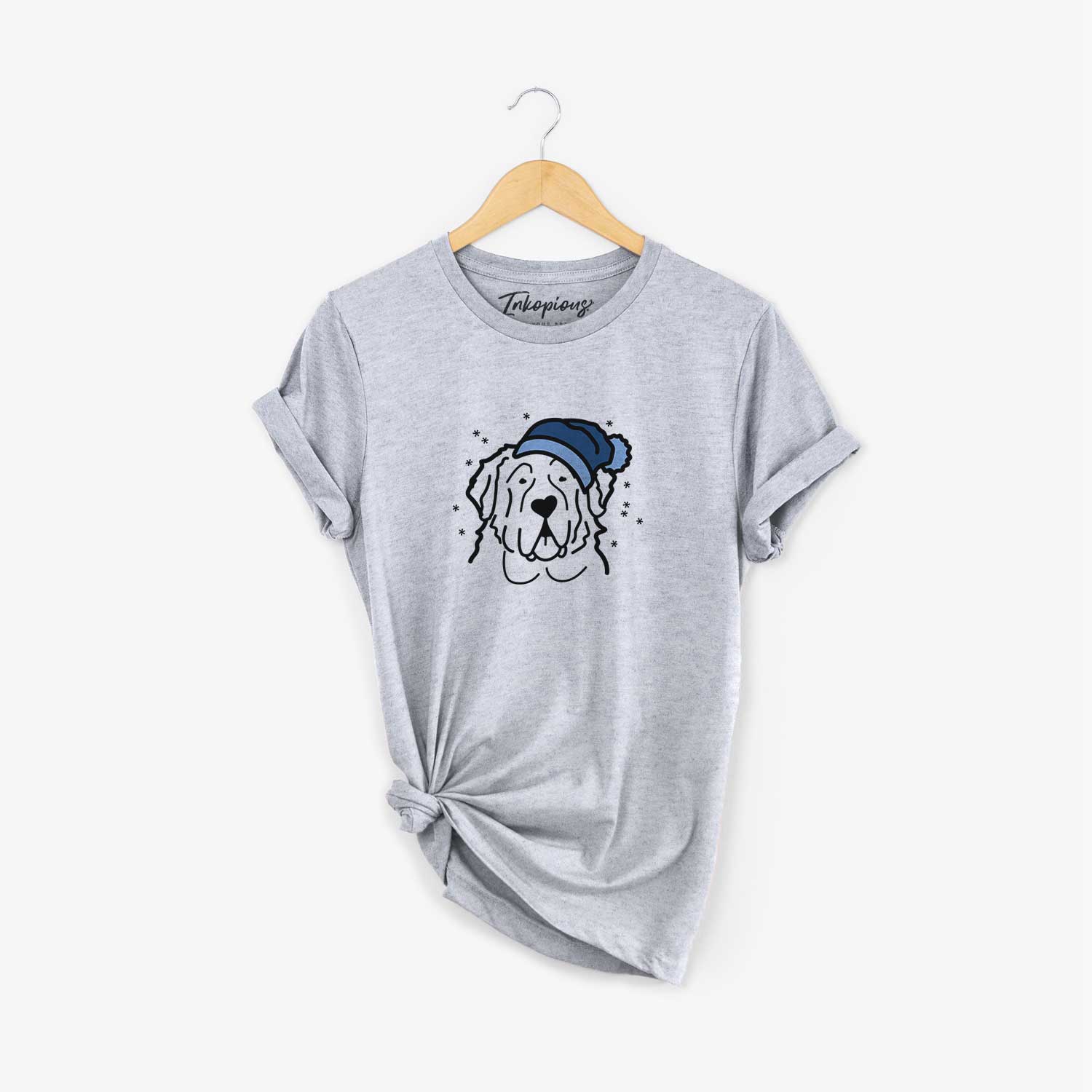 Minimalist line drawing of a Saint Bernard wearing a winter beanie on a Grey Unisex crewneck