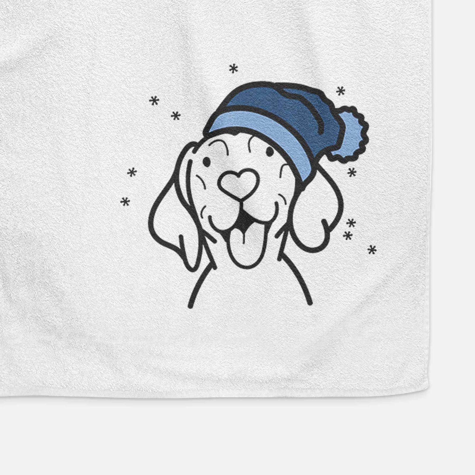 Minimalist line drawing of a Vizsla wearing a winter beanie on a decorative hand towel