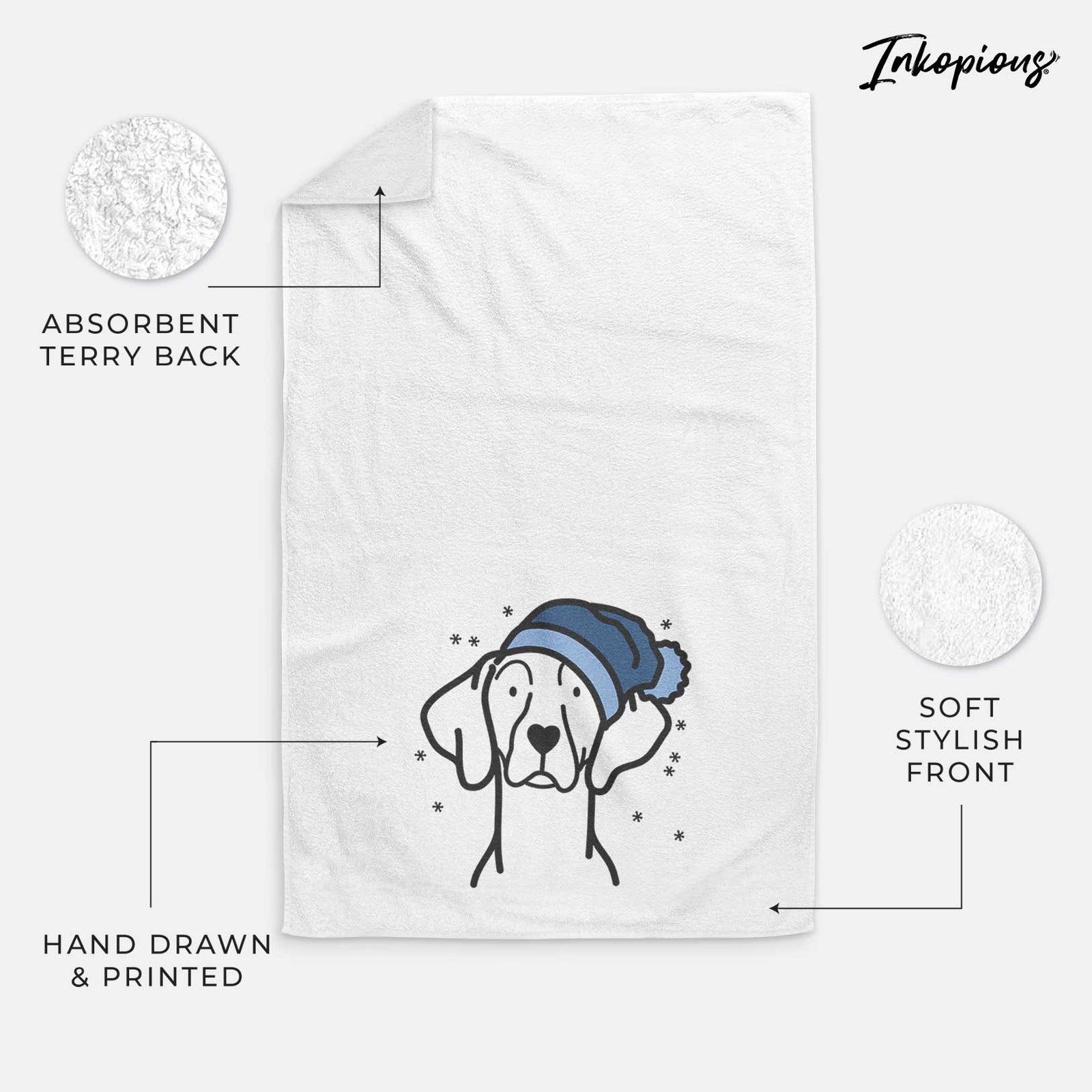 Minimalist line drawing of a Weimaraner wearing a winter beanie on a decorative hand towel