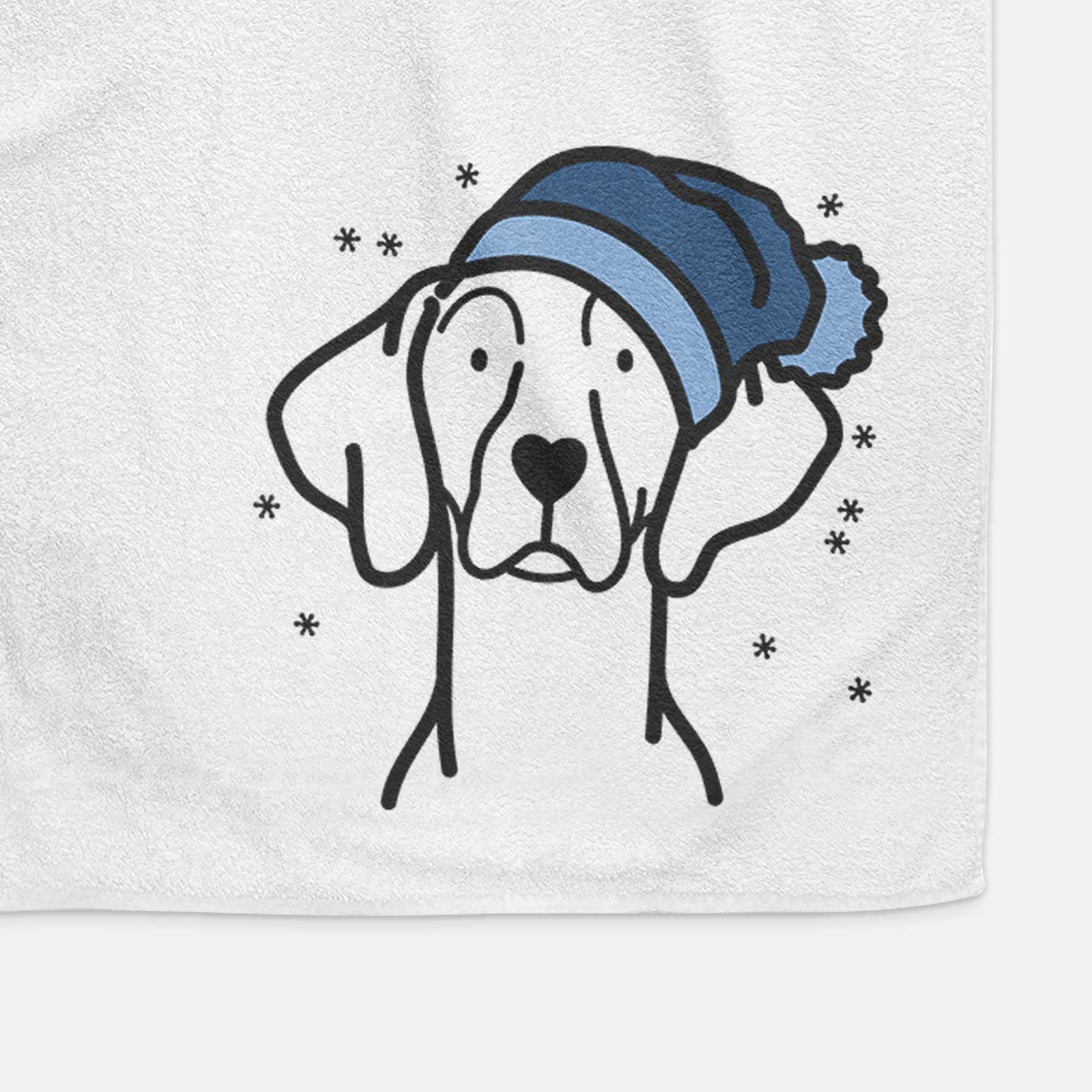 Minimalist line drawing of a Weimaraner wearing a winter beanie on a decorative hand towel