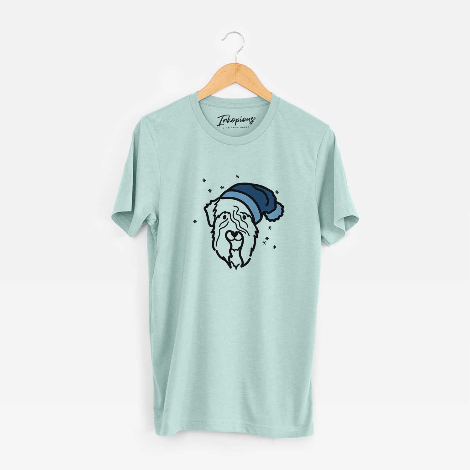 Minimalist line drawing of a Soft Coated Wheaten Terrier wearing a winter beanie on a Heather Sage Unisex crewneck