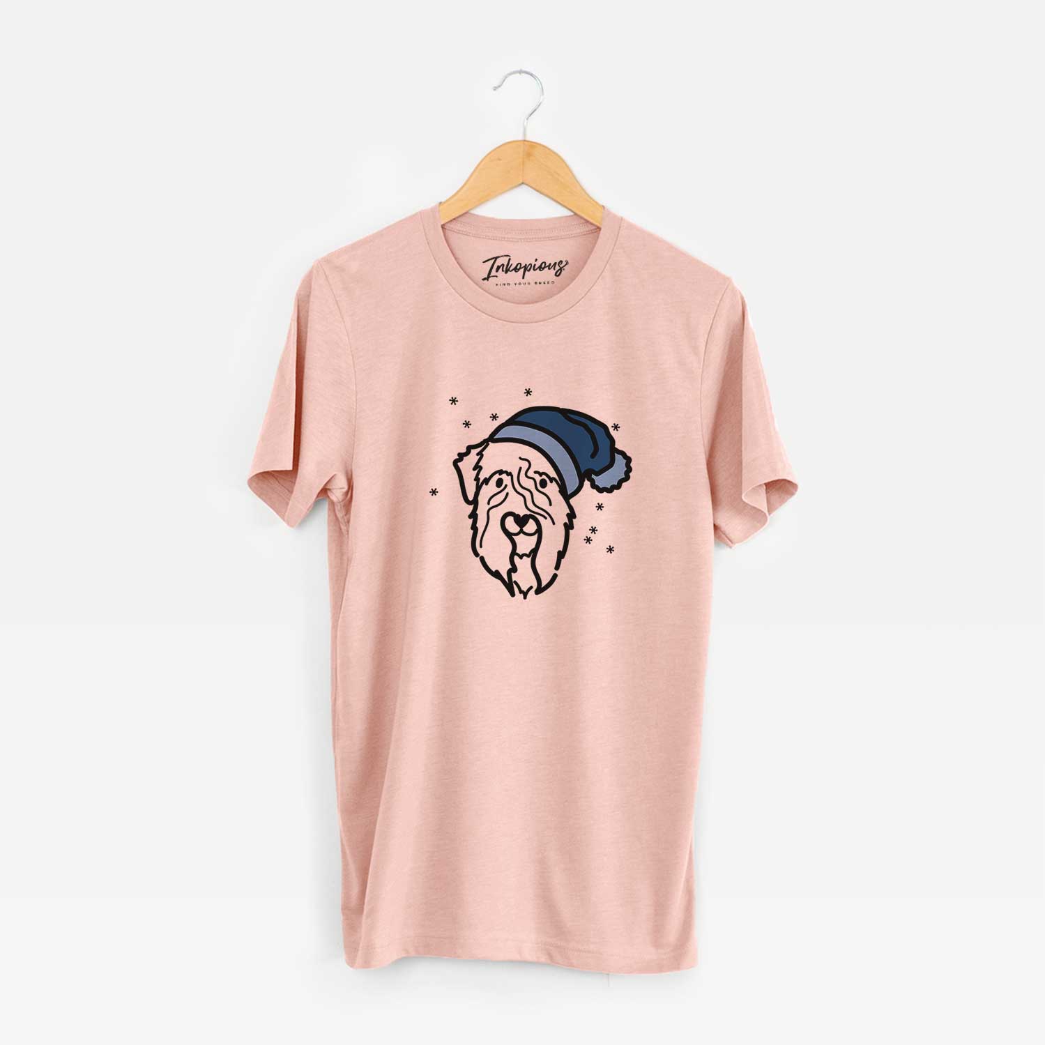 Minimalist line drawing of a Soft Coated Wheaten Terrier wearing a winter beanie on a Peach Unisex crewneck
