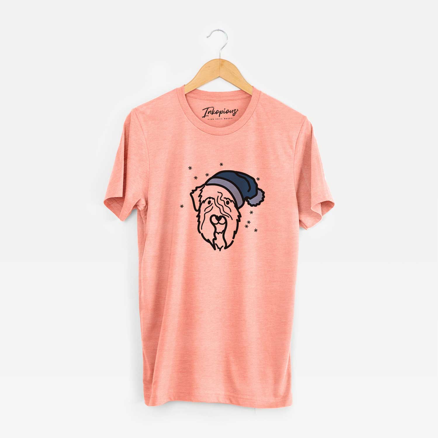 Minimalist line drawing of a Soft Coated Wheaten Terrier wearing a winter beanie on a Sunset Unisex crewneck