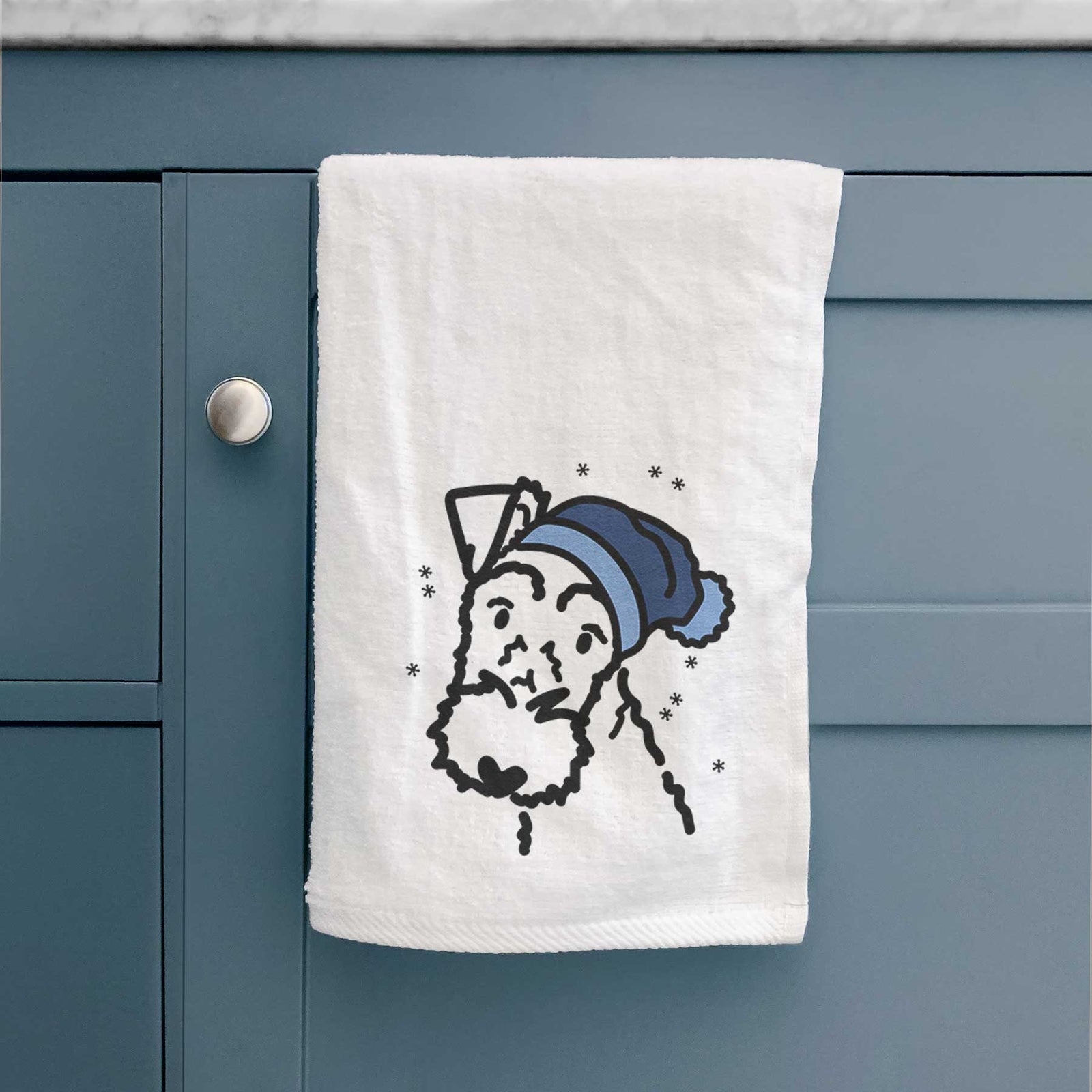 Minimalist line drawing of a Wire Fox Terrier wearing a winter beanie on a decorative hand towel