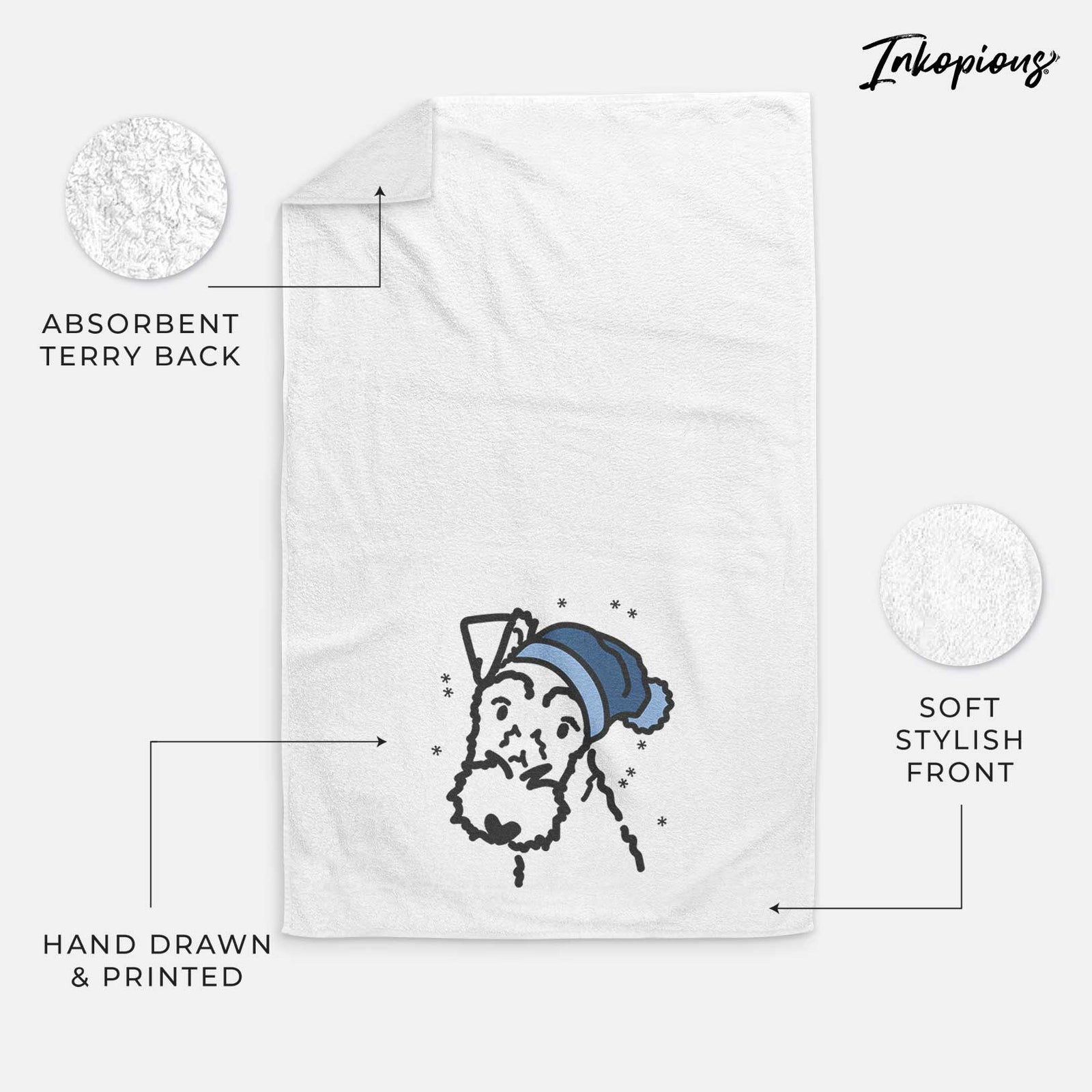 Minimalist line drawing of a Wire Fox Terrier wearing a winter beanie on a decorative hand towel