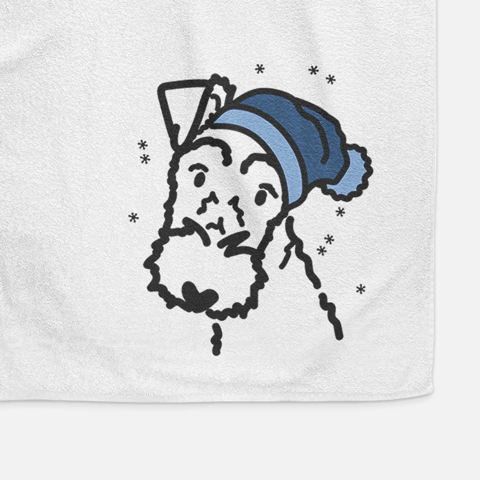 Minimalist line drawing of a Wire Fox Terrier wearing a winter beanie on a decorative hand towel