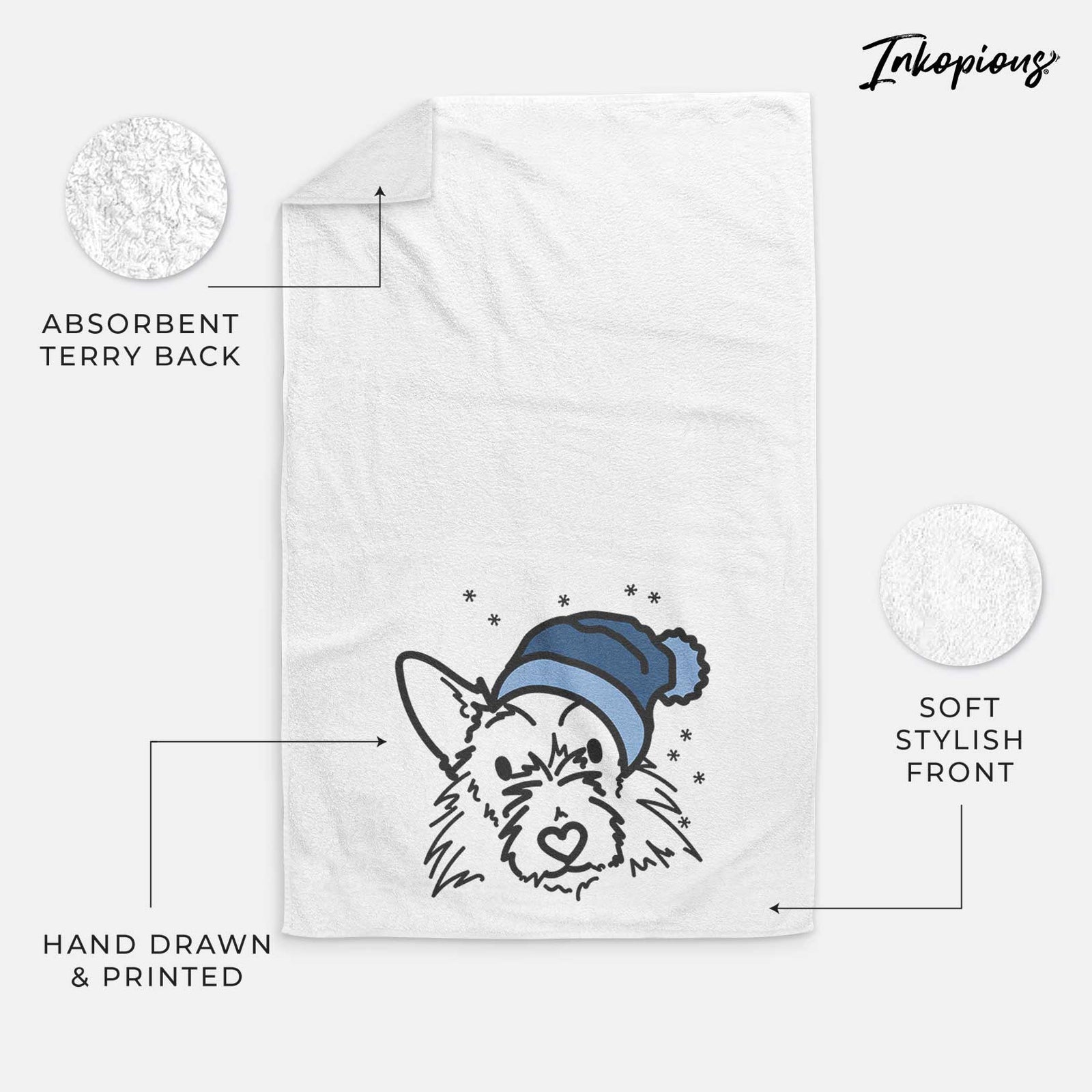 Minimalist line drawing of Ziggy the Terrier Mix wearing a winter beanie on a decorative hand towel