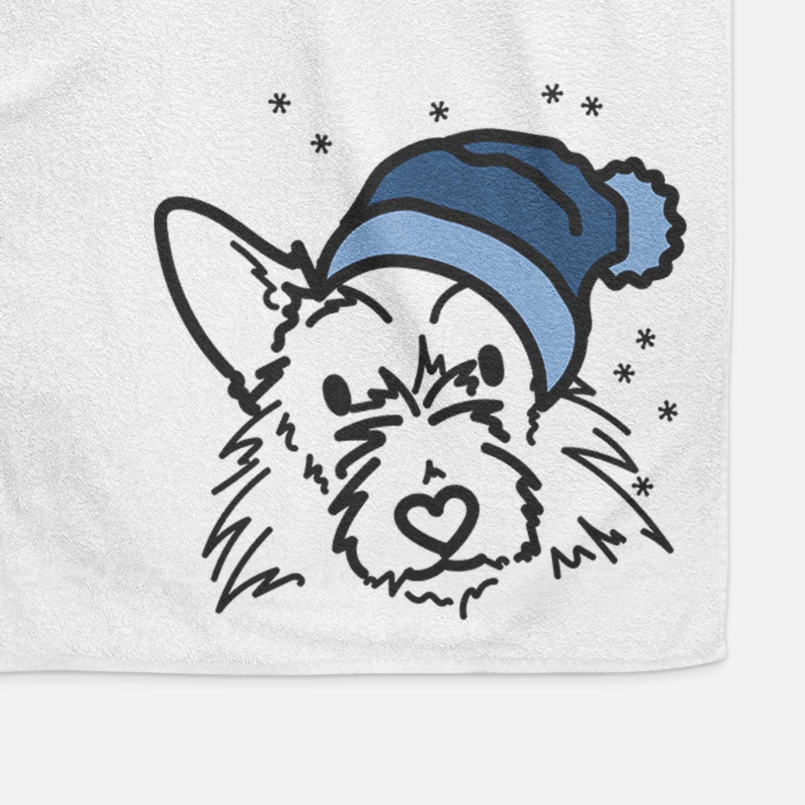 Minimalist line drawing of Ziggy the Terrier Mix wearing a winter beanie on a decorative hand towel