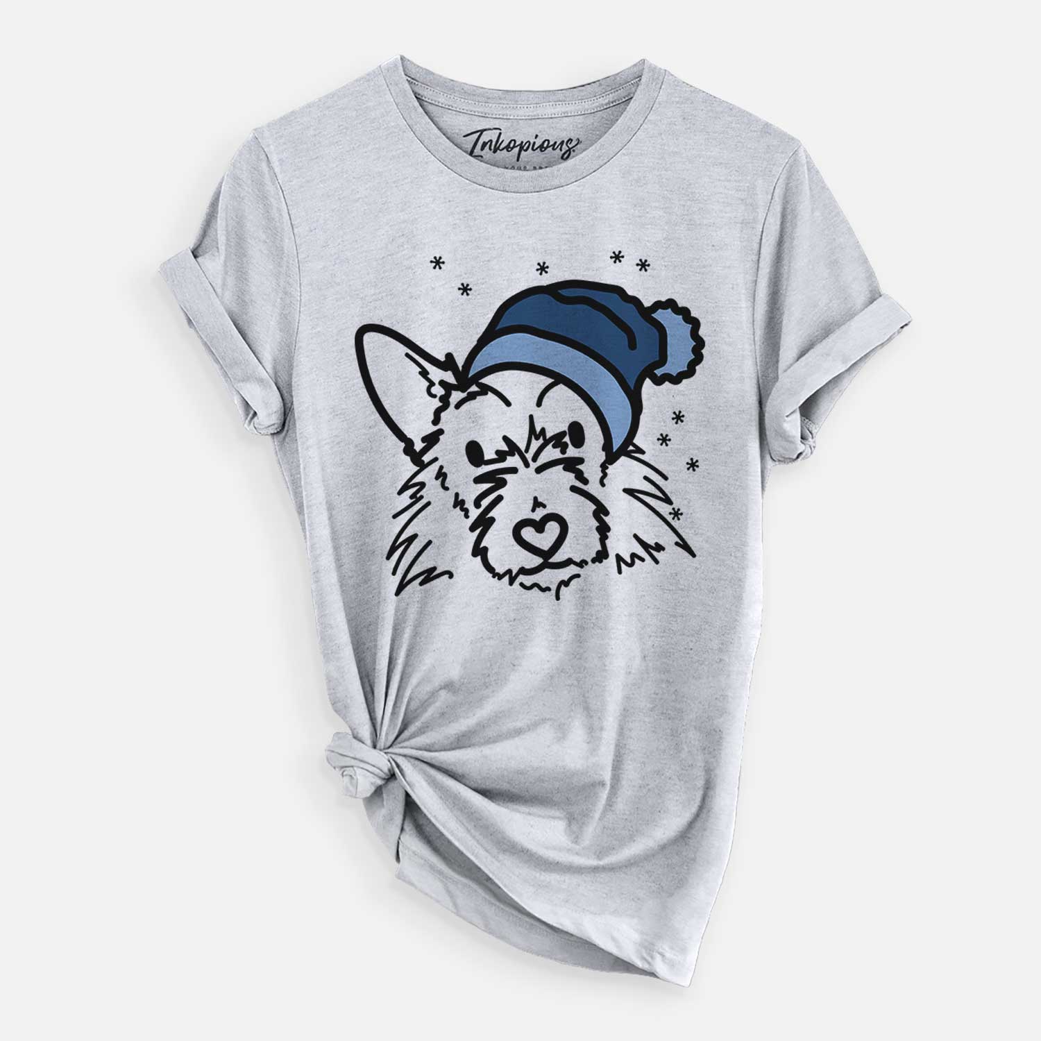 Minimalist line drawing of Ziggy the Terrier Mix wearing a winter beanie on a Grey Unisex crewneck