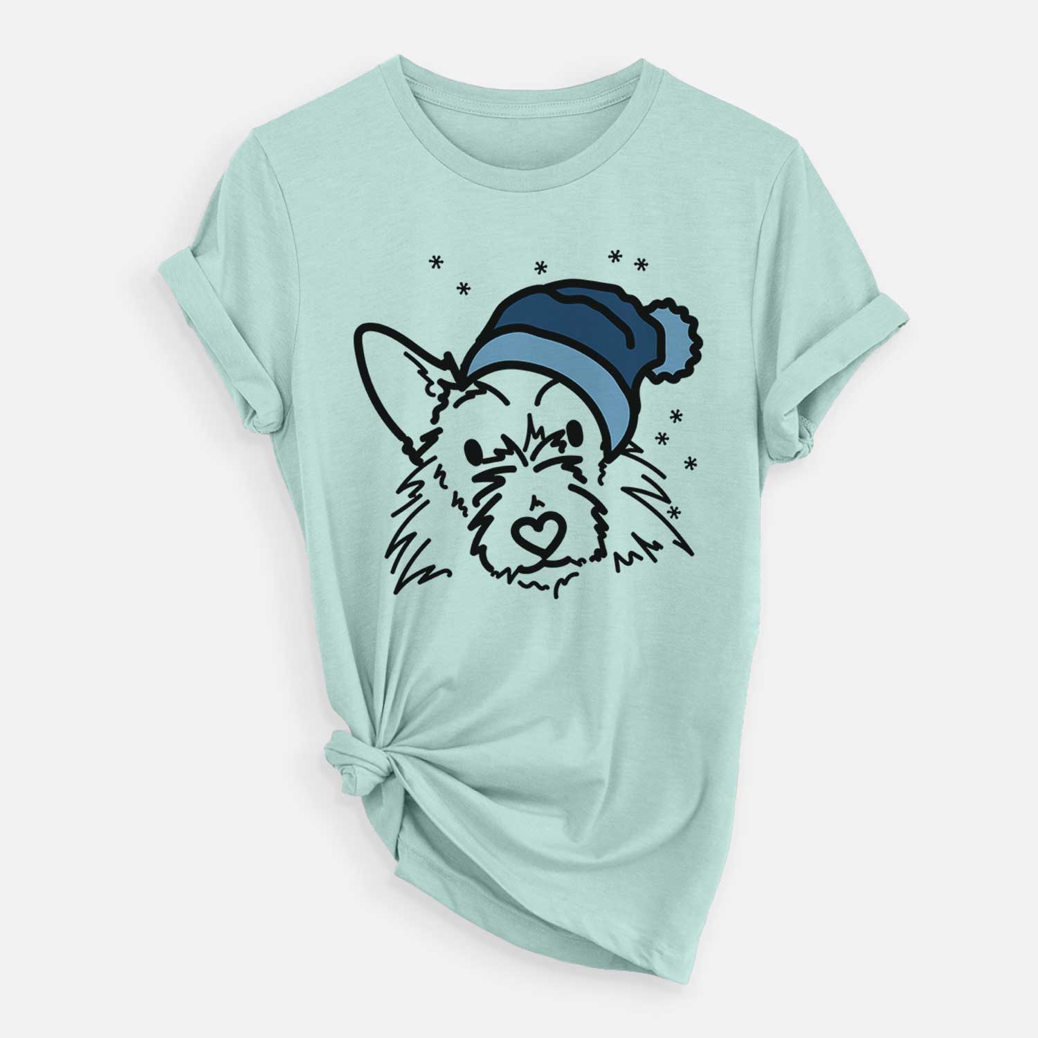 Minimalist line drawing of Ziggy the Terrier Mix wearing a winter beanie on a Heather Sage Unisex crewneck