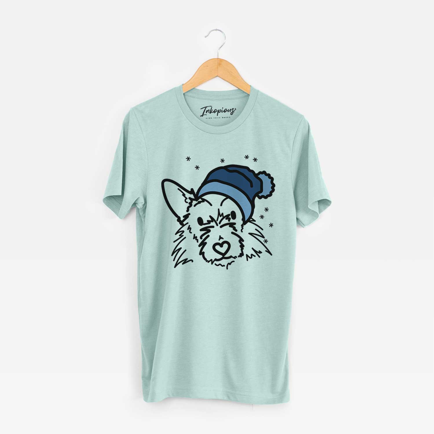 Minimalist line drawing of Ziggy the Terrier Mix wearing a winter beanie on a Heather Sage Unisex crewneck