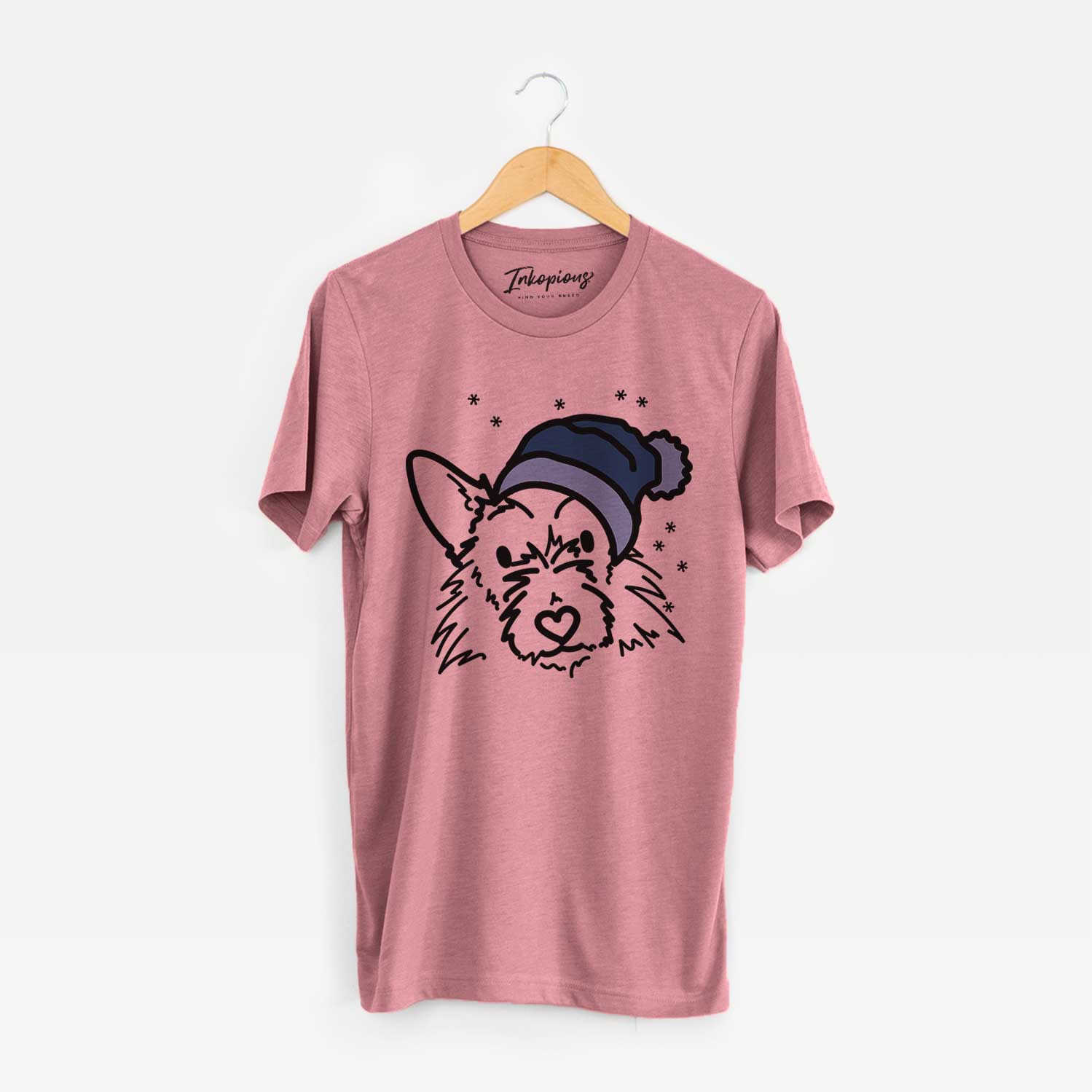 Minimalist line drawing of Ziggy the Terrier Mix wearing a winter beanie on a Mauve Unisex crewneck