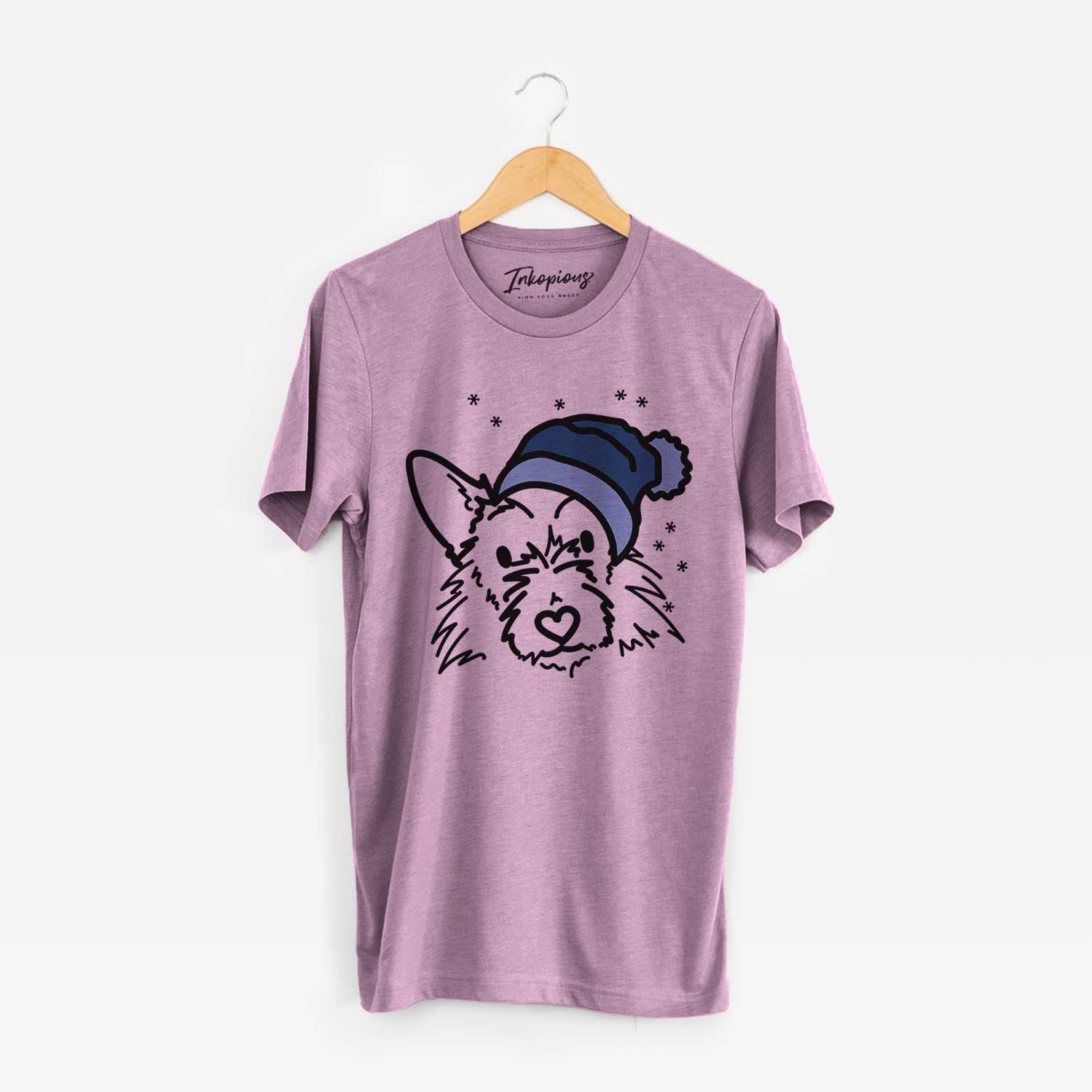 Minimalist line drawing of Ziggy the Terrier Mix wearing a winter beanie on an Orchid Unisex crewneck