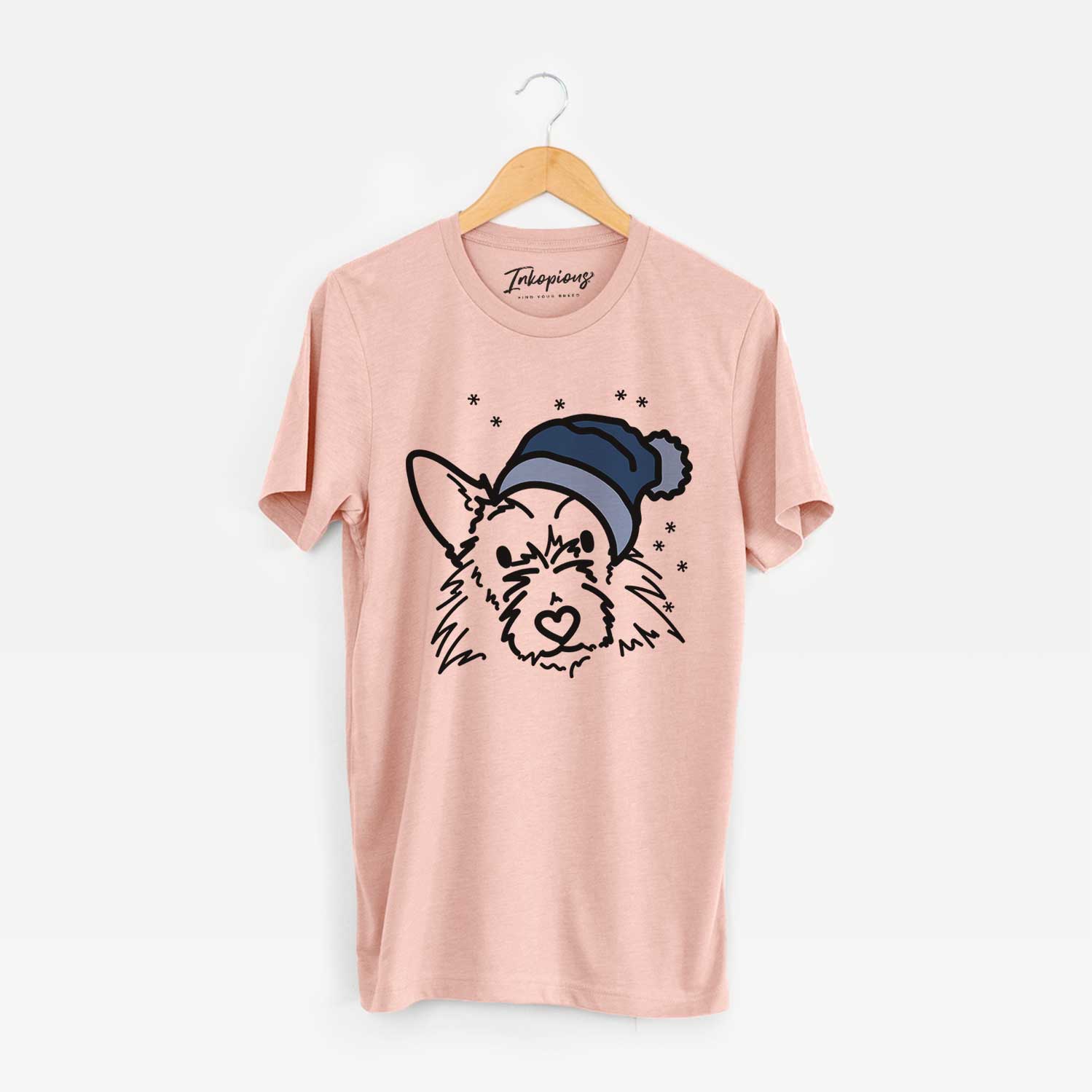 Minimalist line drawing of Ziggy the Terrier Mix wearing a winter beanie on a Peach Unisex crewneck