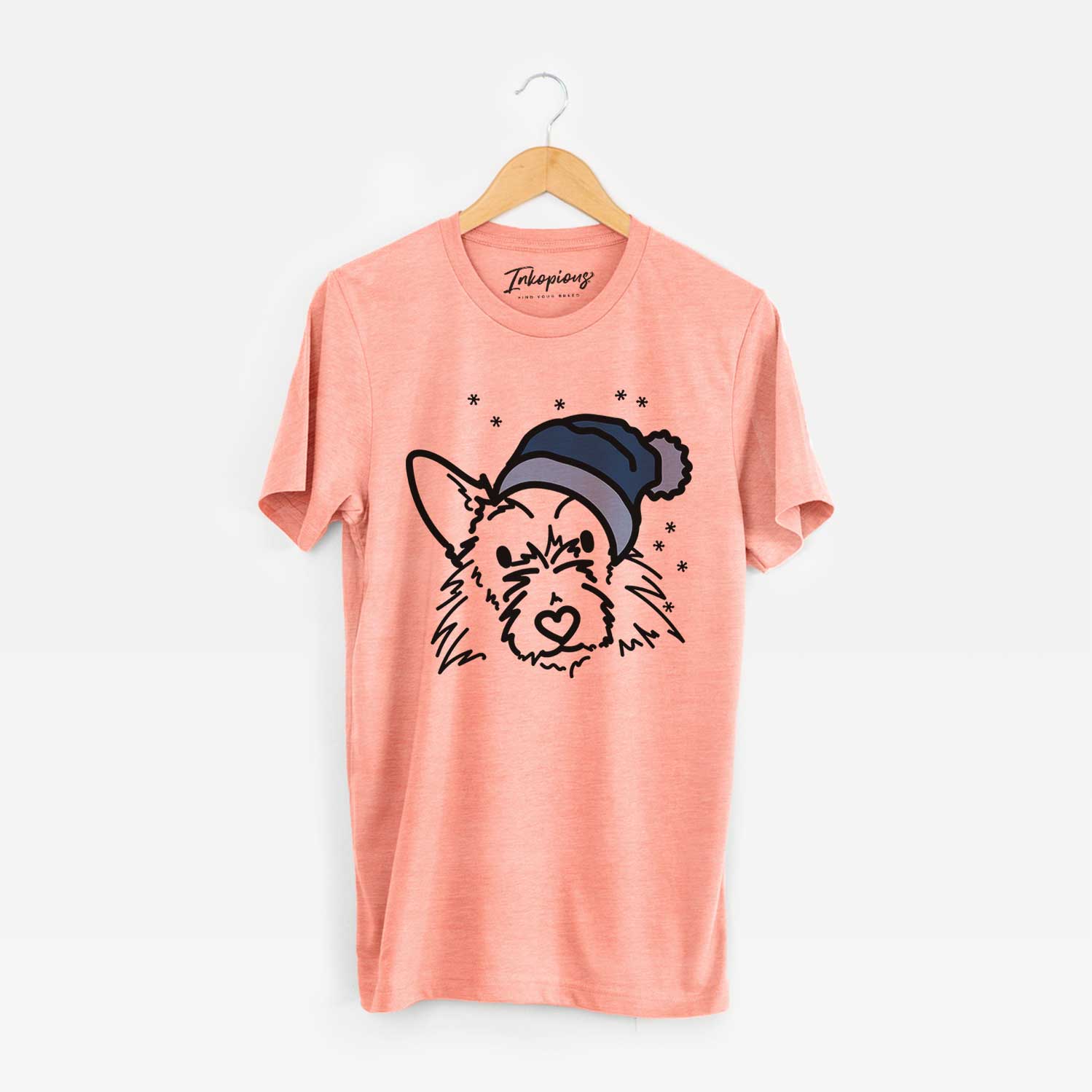 Minimalist line drawing of Ziggy the Terrier Mix wearing a winter beanie on a Sunset Unisex crewneck