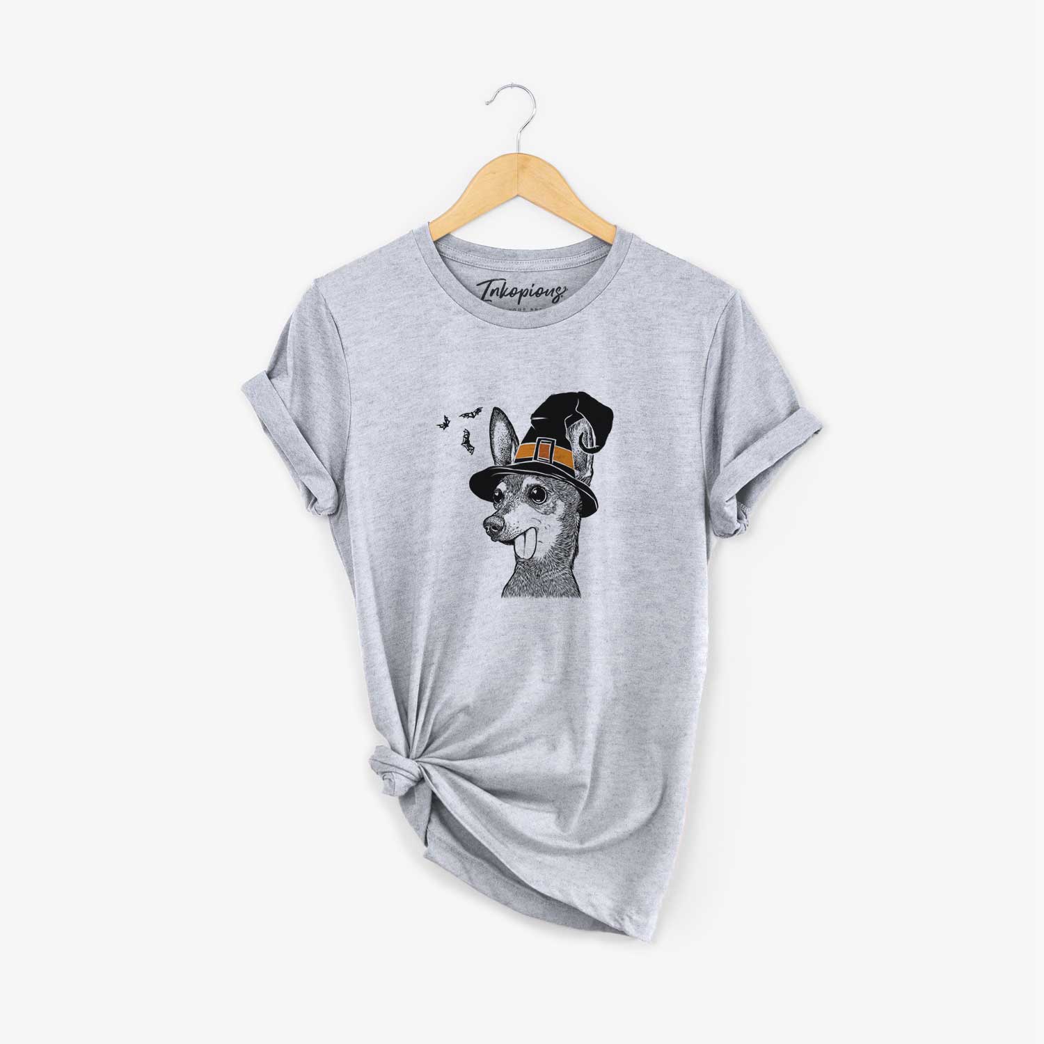 Hand-drawn sketch of Aaron the Chihuahua wearing a witch hat on a Grey Unisex crewneck