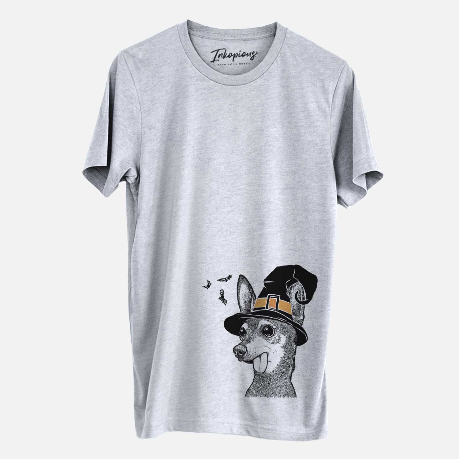 Hand-drawn sketch of Aaron the Chihuahua wearing a witch hat on a Grey Unisex crewneck