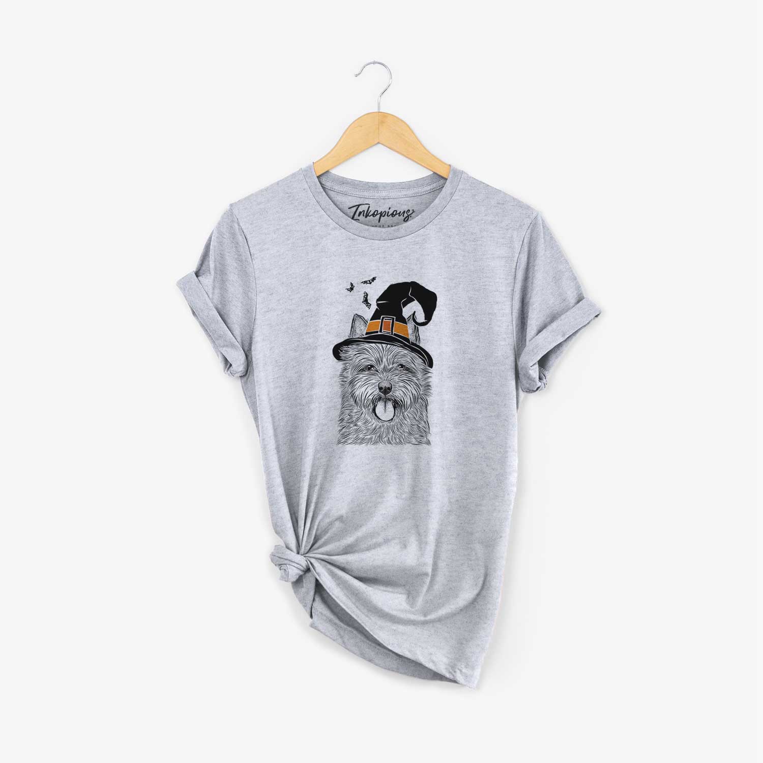 Hand-drawn sketch of Alfie the Norwich Terrier wearing a witch hat on a Grey Unisex crewneck