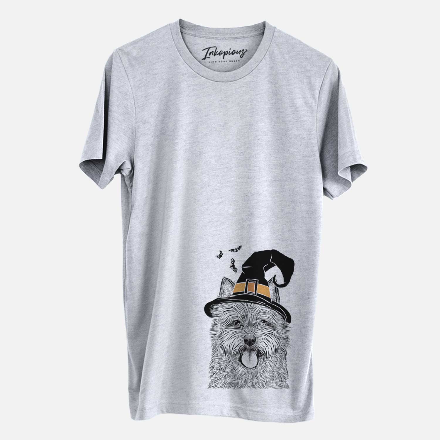 Hand-drawn sketch of Alfie the Norwich Terrier wearing a witch hat on a Grey Unisex crewneck