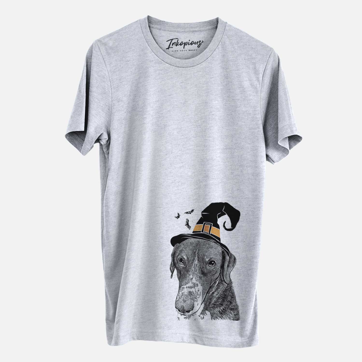 Hand-drawn sketch of Angel Orion the Mixed Breed wearing a witch hat on a Grey Unisex crewneck