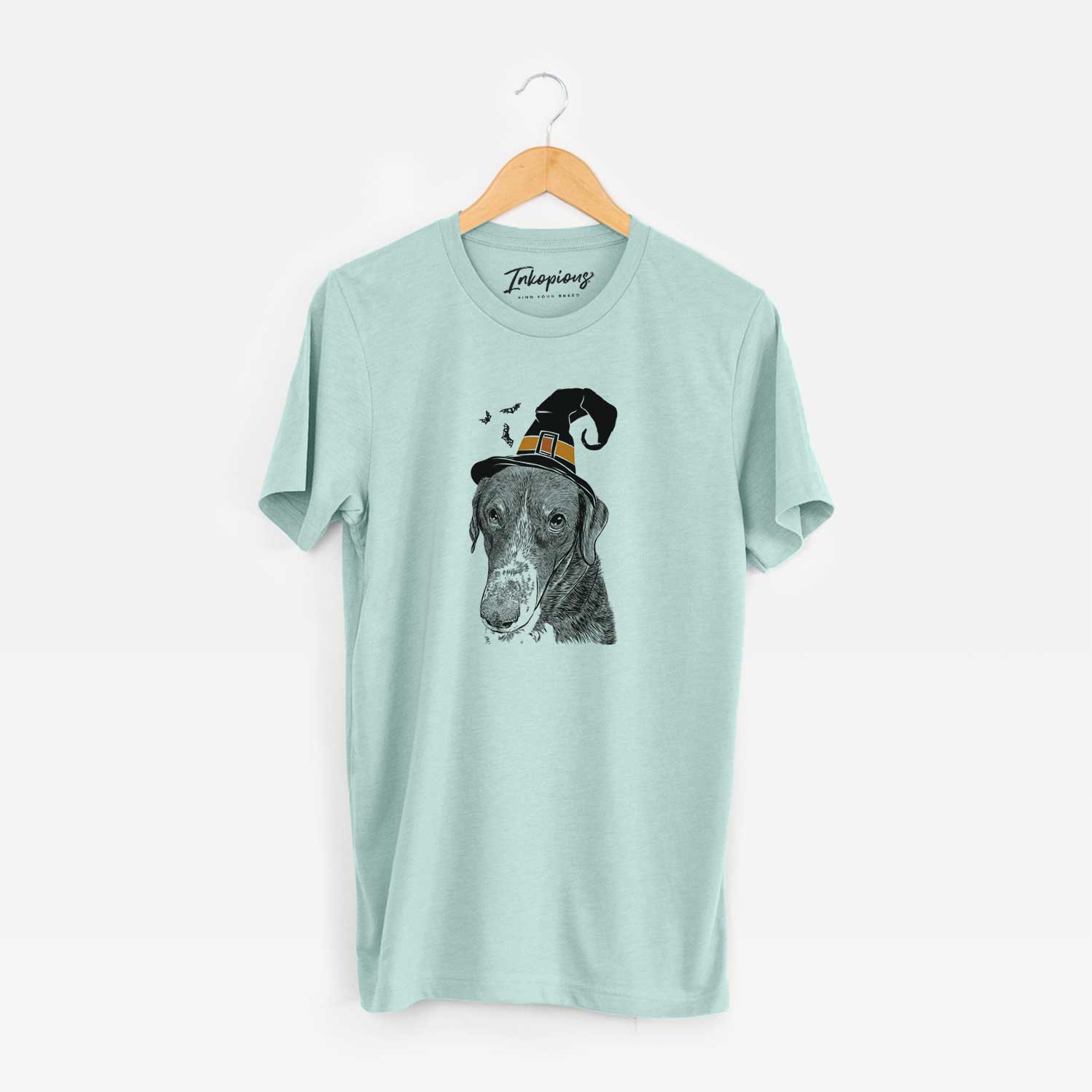 Hand-drawn sketch of Angel Orion the Mixed Breed wearing a witch hat on a Heather Sage Unisex crewneck