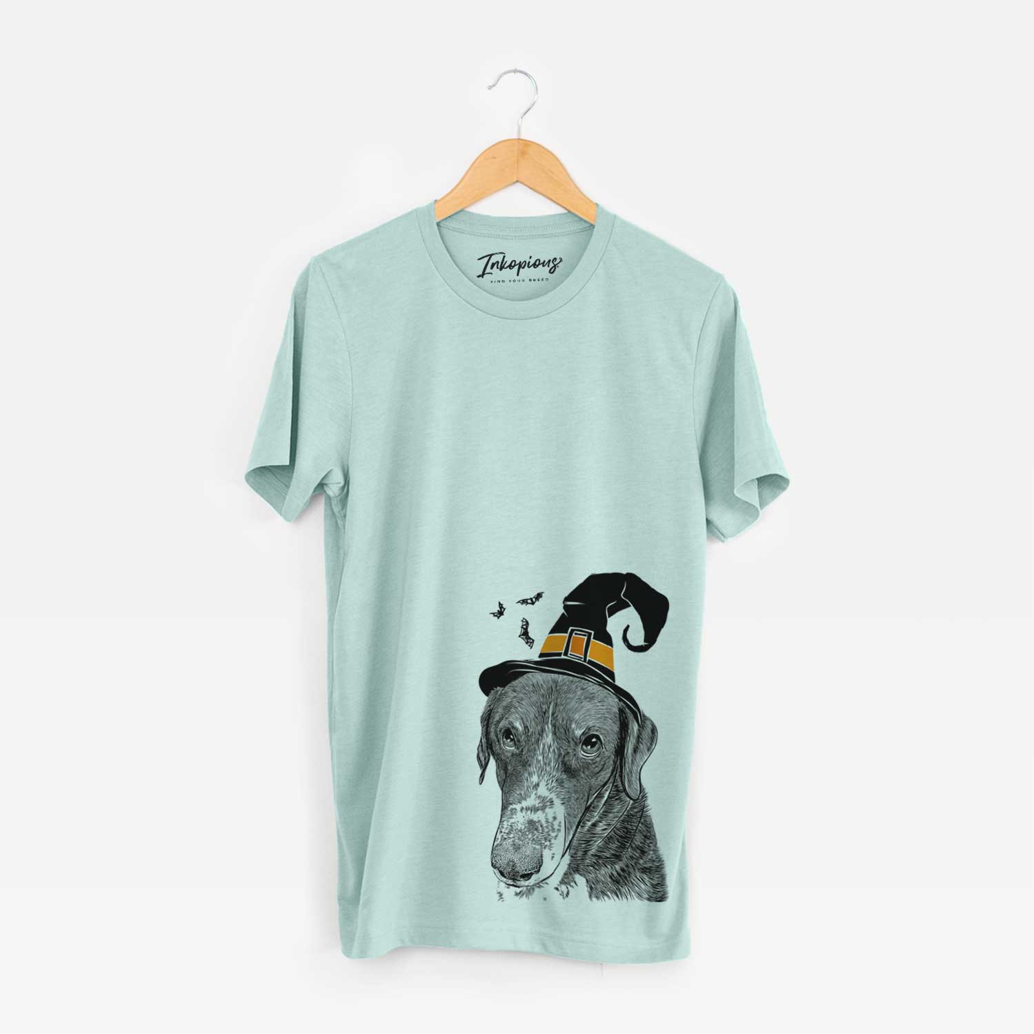 Hand-drawn sketch of Angel Orion the Mixed Breed wearing a witch hat on a Heather Sage Unisex crewneck