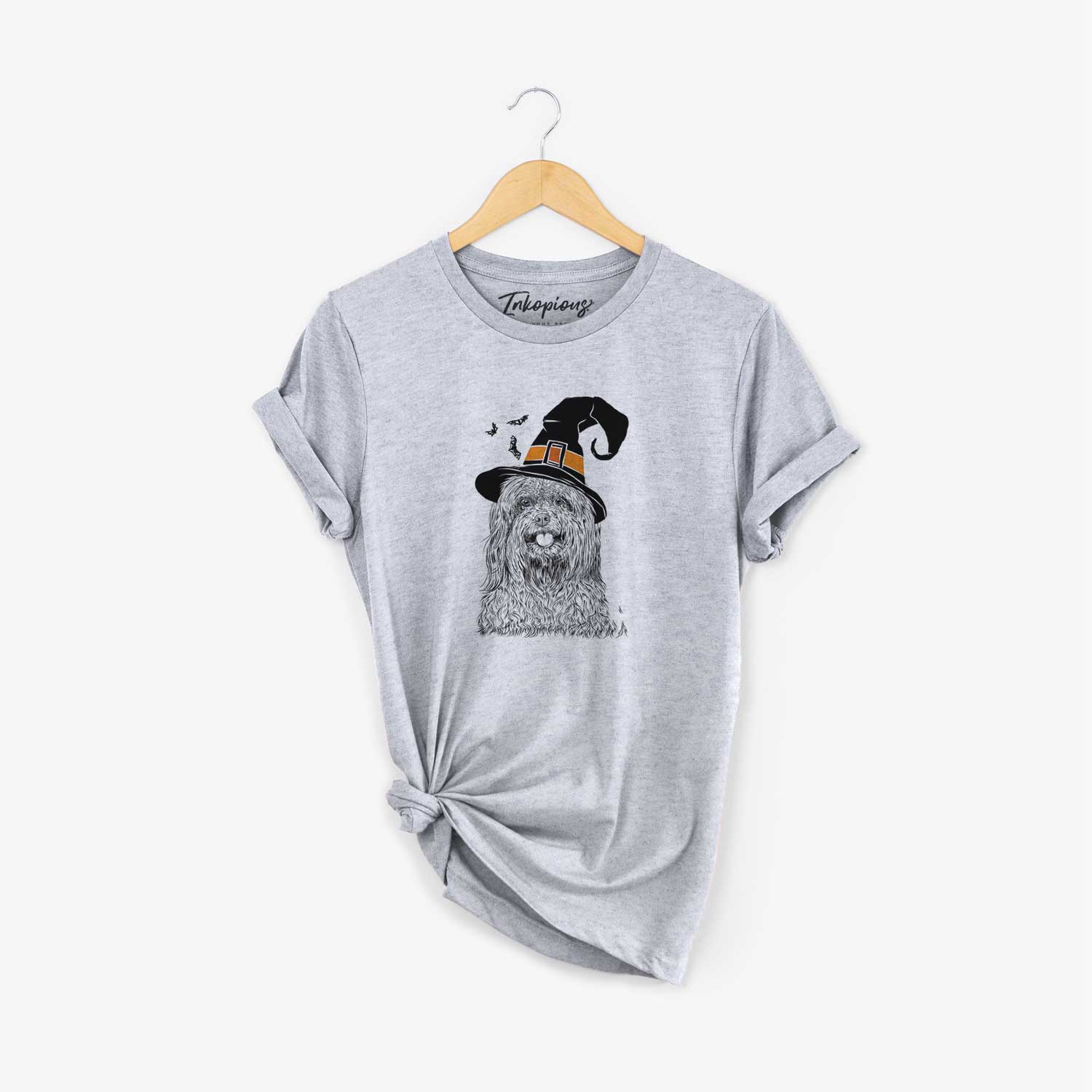 Hand-drawn sketch of Annie the Mixed Breed wearing a witch hat on a Grey Unisex crewneck
