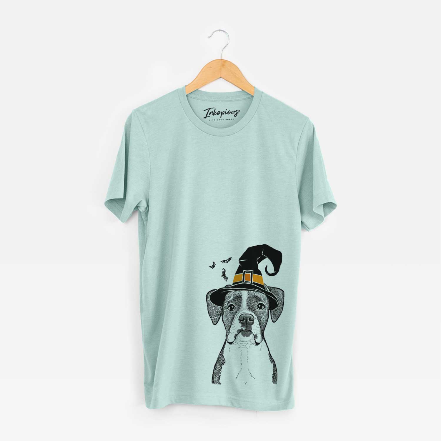 Hand-drawn sketch of Annie the Boxer wearing a witch hat on a Heather Sage Unisex crewneck