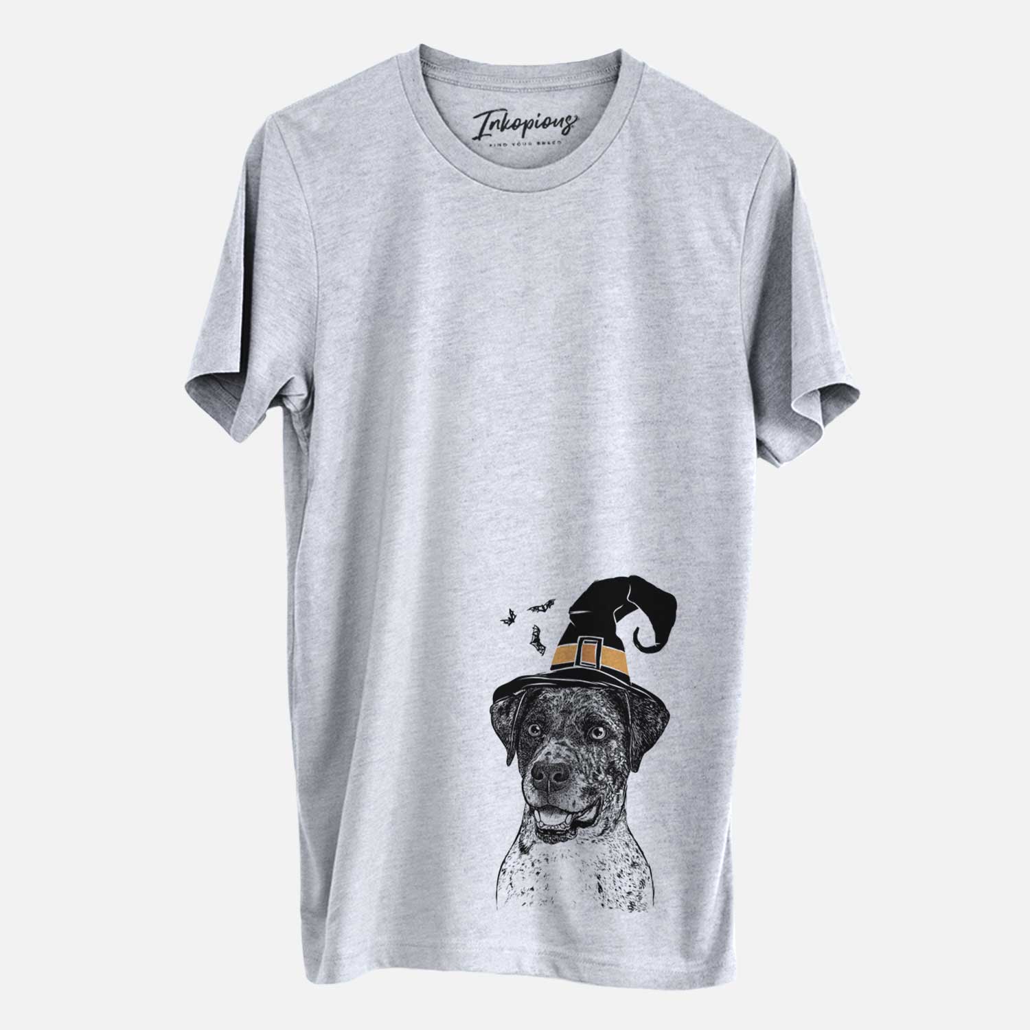 Hand-drawn sketch of Argos the Catahoula wearing a witch hat on a Grey Unisex crewneck