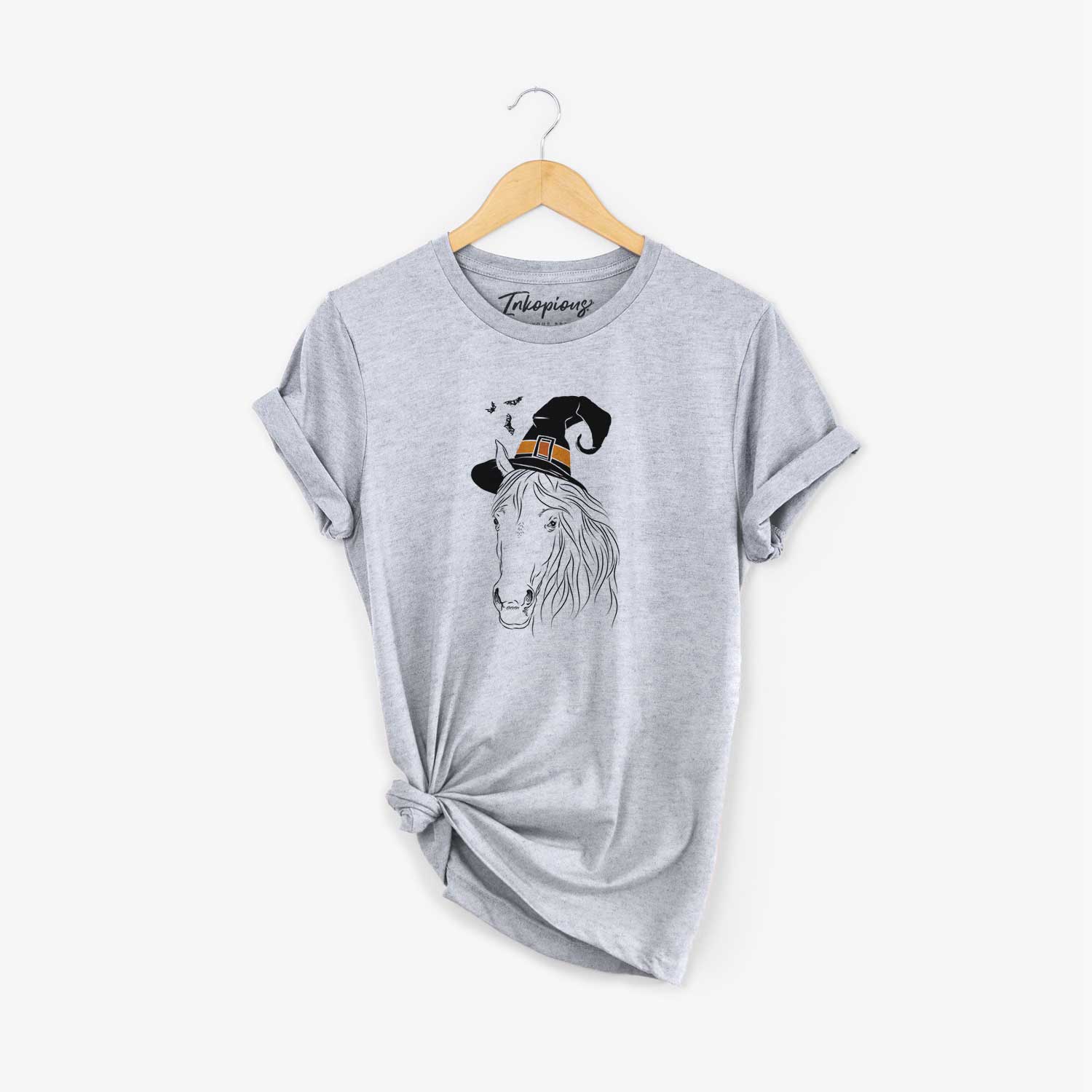 Hand-drawn sketch of Aria the Horse wearing a witch hat on a Grey Unisex crewneck