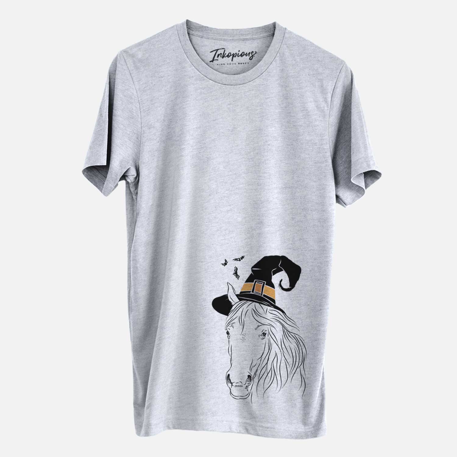 Hand-drawn sketch of Aria the Horse wearing a witch hat on a Grey Unisex crewneck
