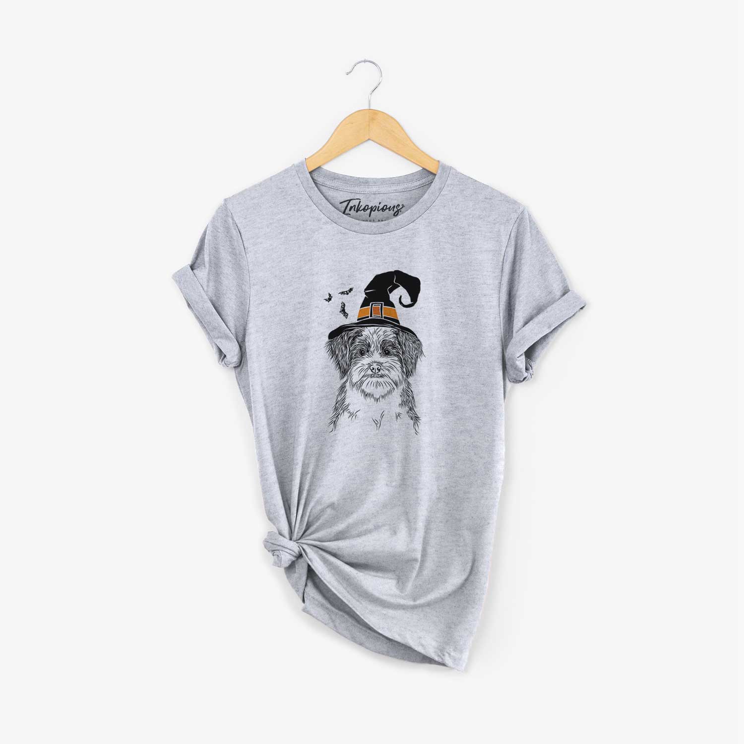 Hand-drawn sketch of Asa the Havanese wearing a witch hat on a Grey Unisex crewneck
