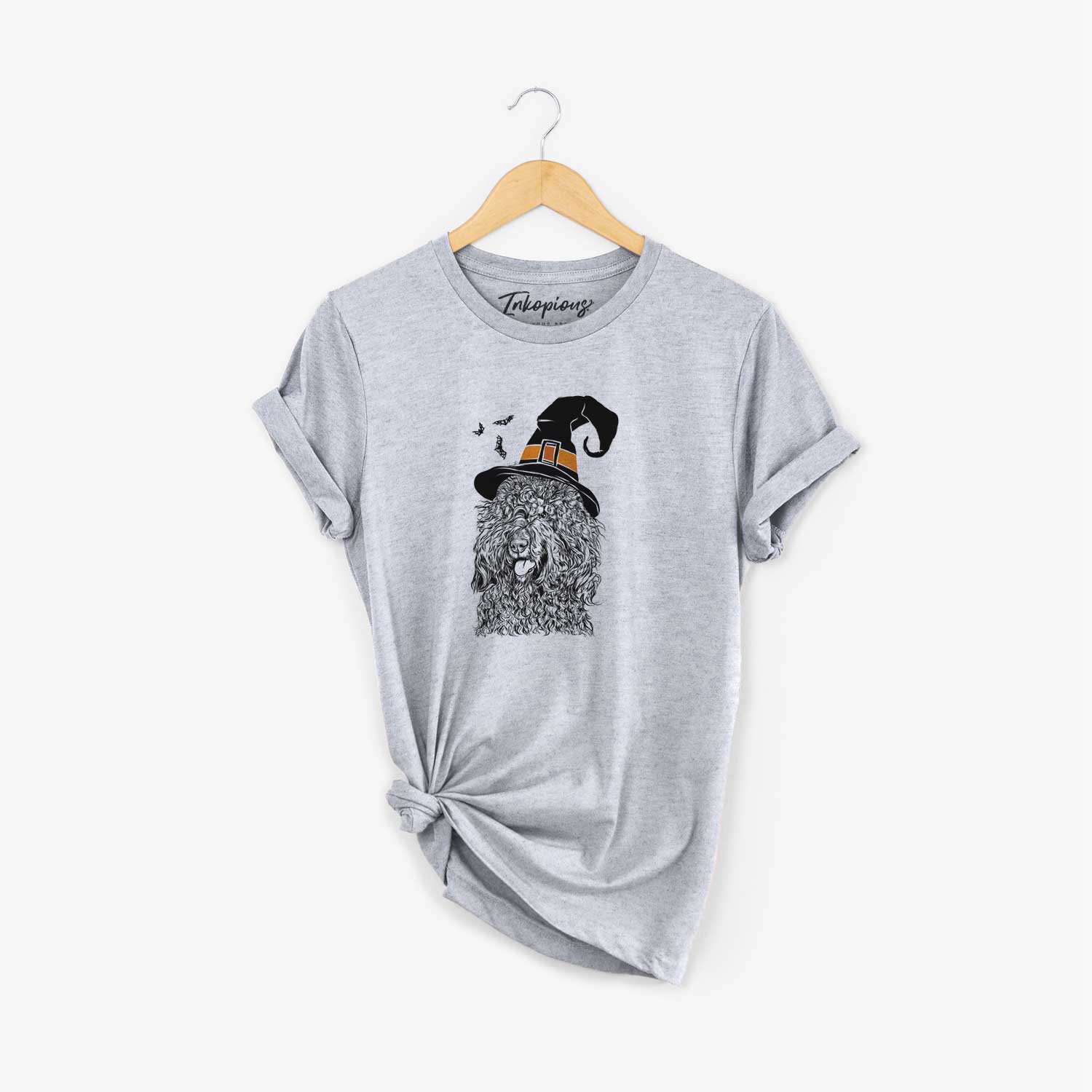 Hand-drawn sketch of Babs the Barbet wearing a witch hat on a Grey Unisex crewneck