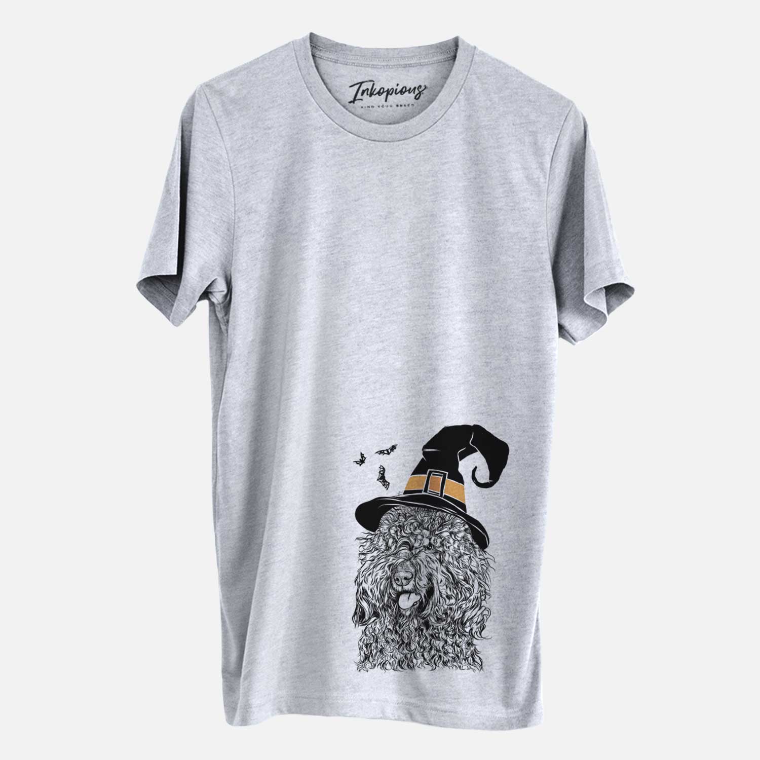 Hand-drawn sketch of Babs the Barbet wearing a witch hat on a Grey Unisex crewneck