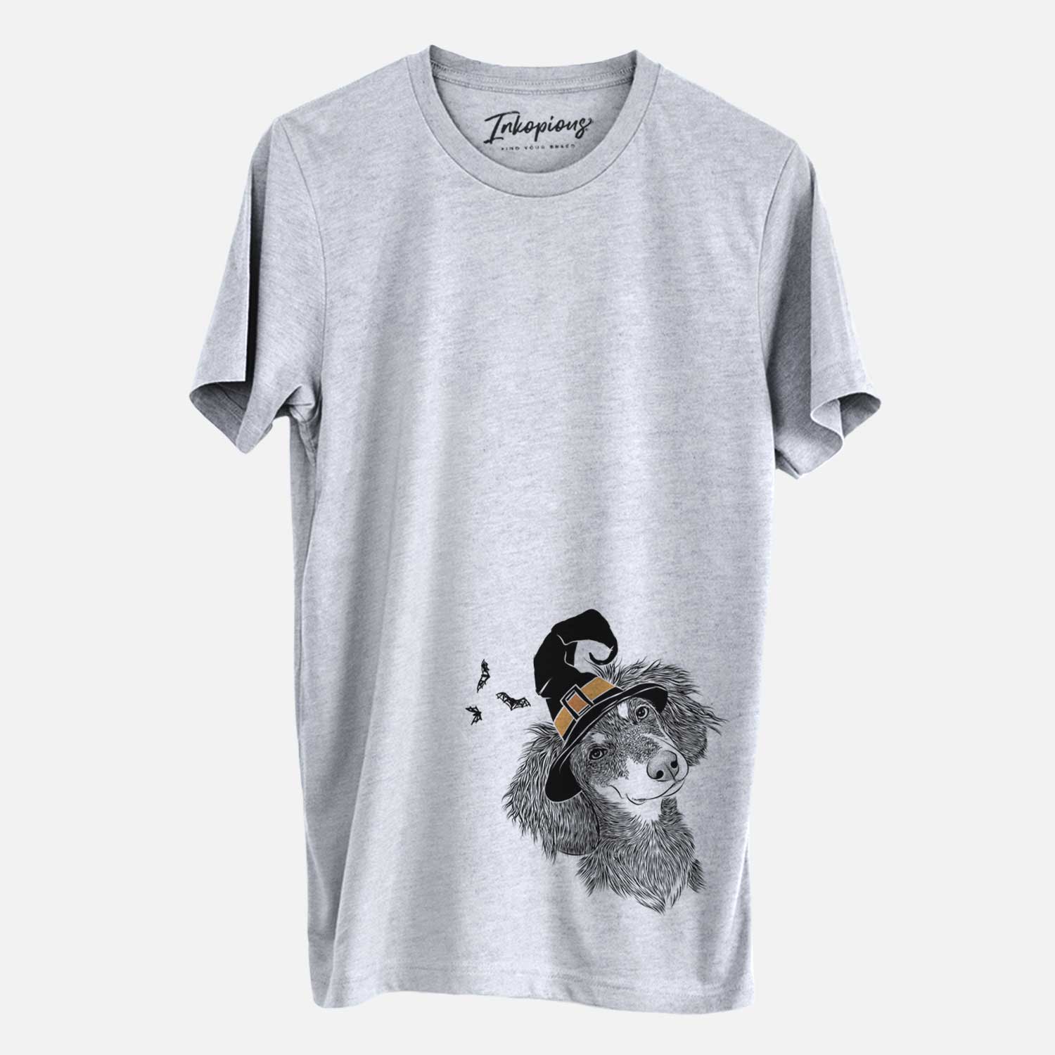 Hand-drawn sketch of Bailey the Long Haired Dachshund wearing a witch hat on a Grey Unisex crewneck
