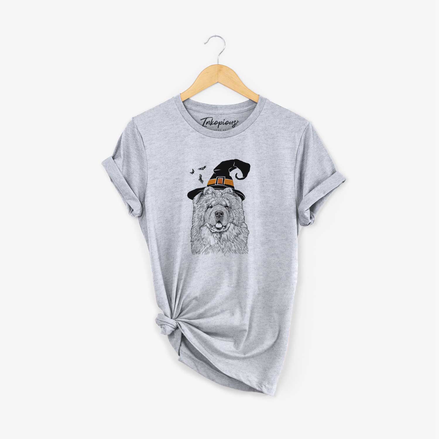 Hand-drawn sketch of Baloo the Chow Chow wearing a witch hat on a Grey Unisex crewneck