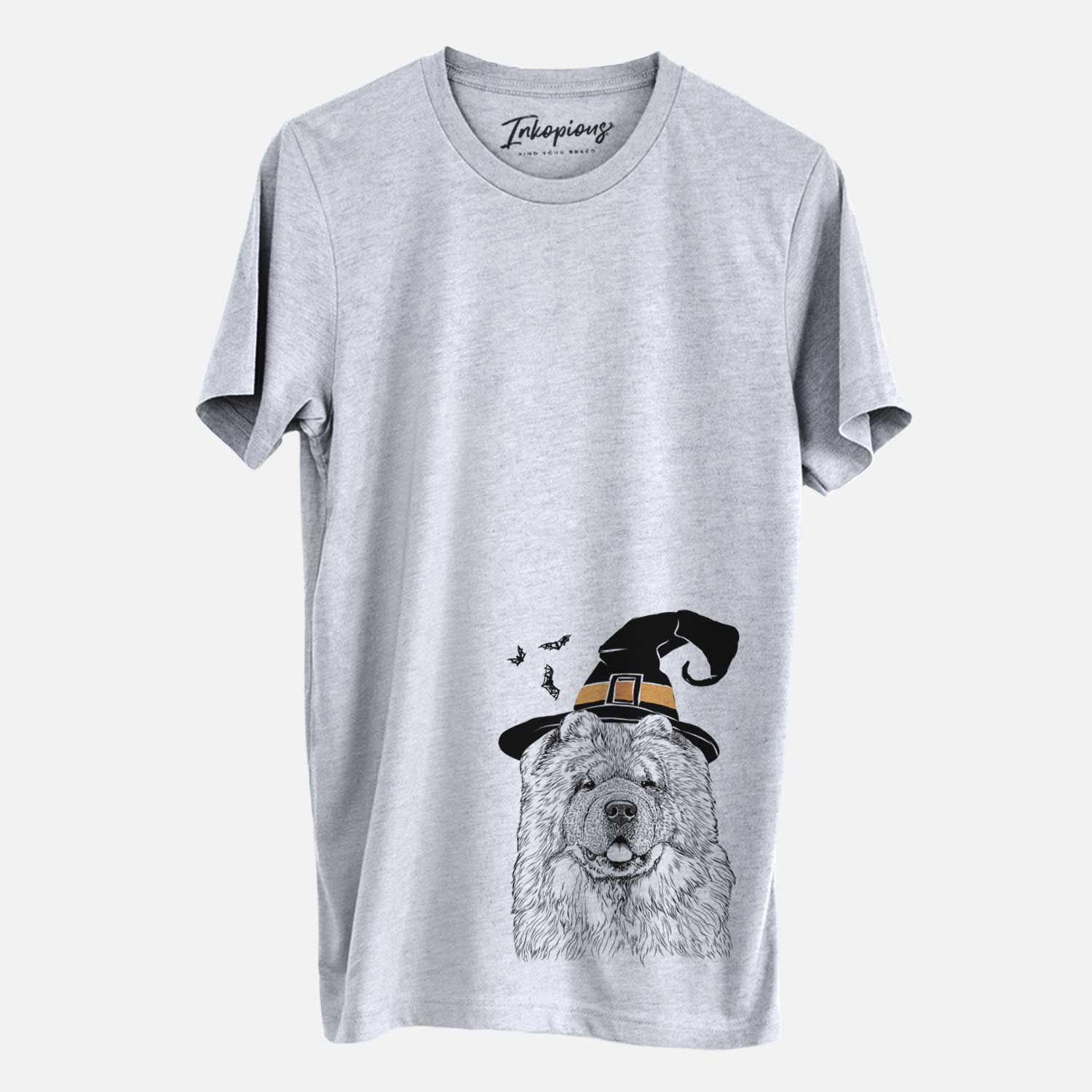 Hand-drawn sketch of Baloo the Chow Chow wearing a witch hat on a Grey Unisex crewneck