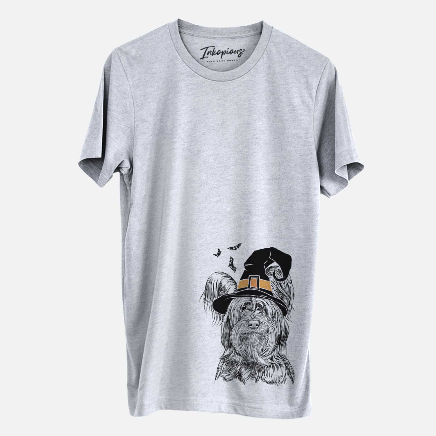 Hand-drawn sketch of Bandit the Skye Terrier wearing a witch hat on a Grey Unisex crewneck