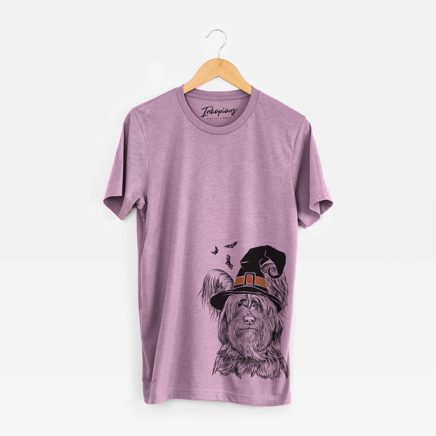 Hand-drawn sketch of Bandit the Skye Terrier wearing a witch hat on an Orchid Unisex crewneck
