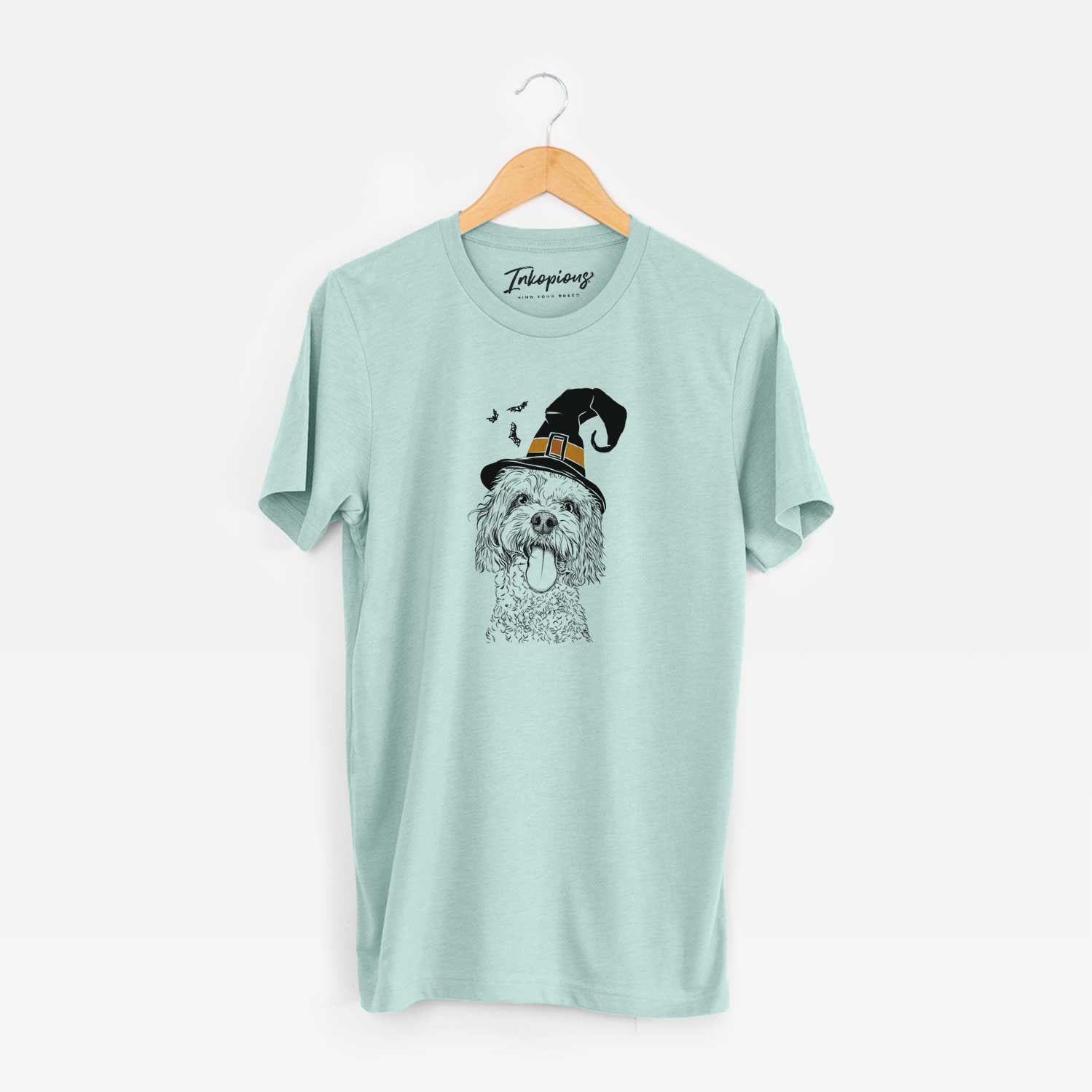 Hand-drawn sketch of Barney the Cavachon wearing a witch hat on a Heather Sage Unisex crewneck