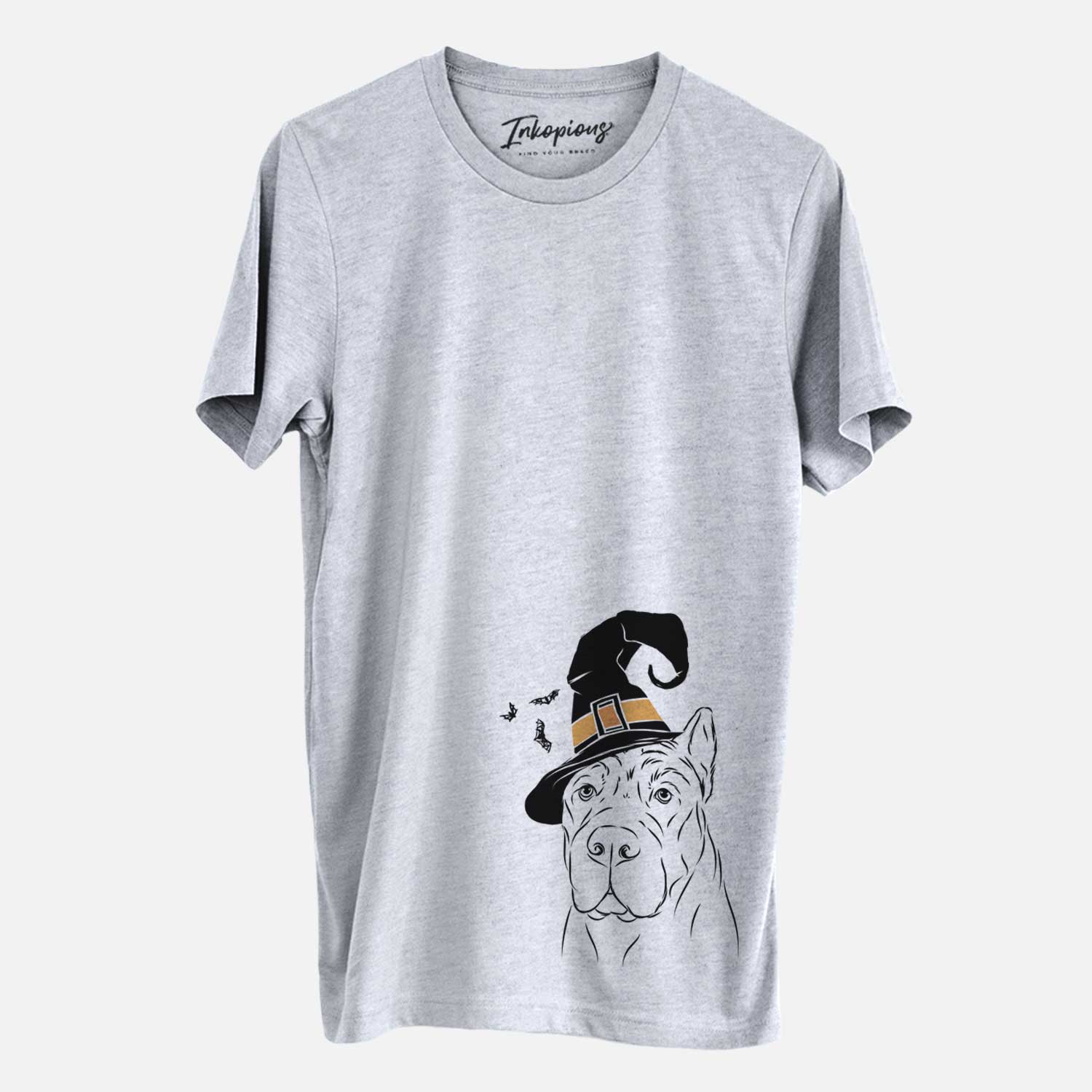 Hand-drawn sketch of Bearson the Cane Corso wearing a witch hat on a Grey Unisex crewneck