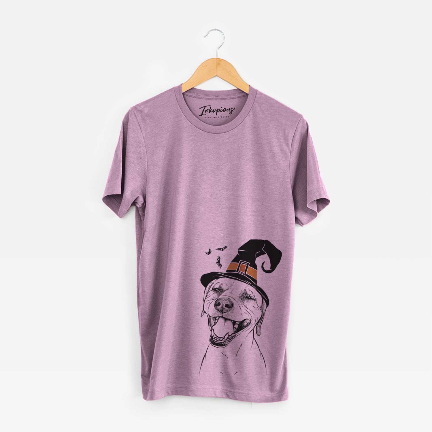 Hand-drawn sketch of Beemer the Boxer Pitbull Terrier Mix wearing a witch hat on an Orchid Unisex crewneck