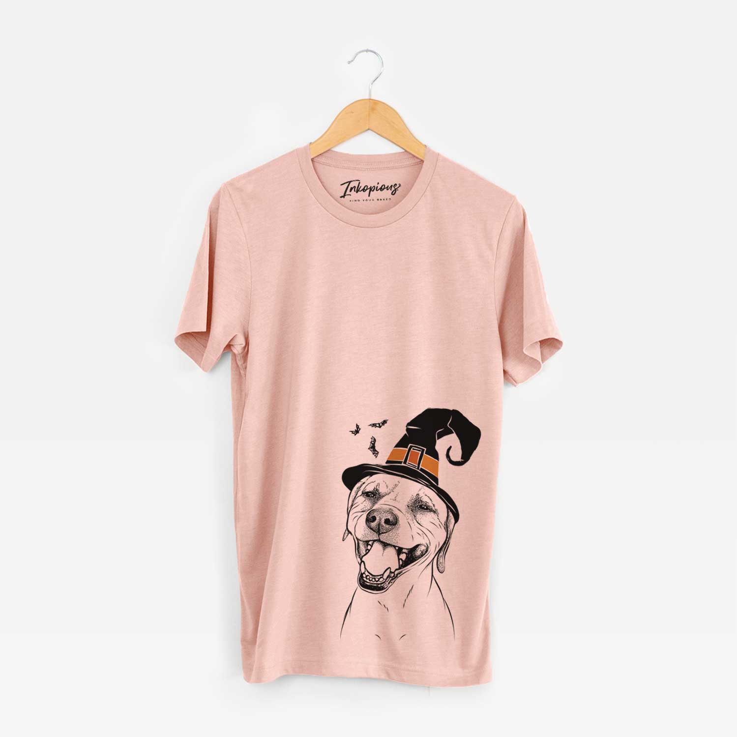 Hand-drawn sketch of Beemer the Boxer Pitbull Terrier Mix wearing a witch hat on a Peach Unisex crewneck