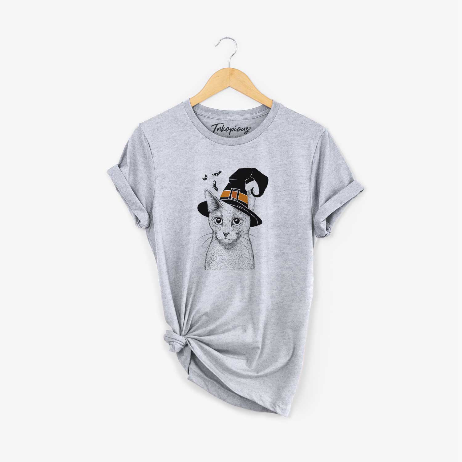 Hand-drawn sketch of Blue the Russsian Blue Cat wearing a witch hat on a Grey Unisex crewneck