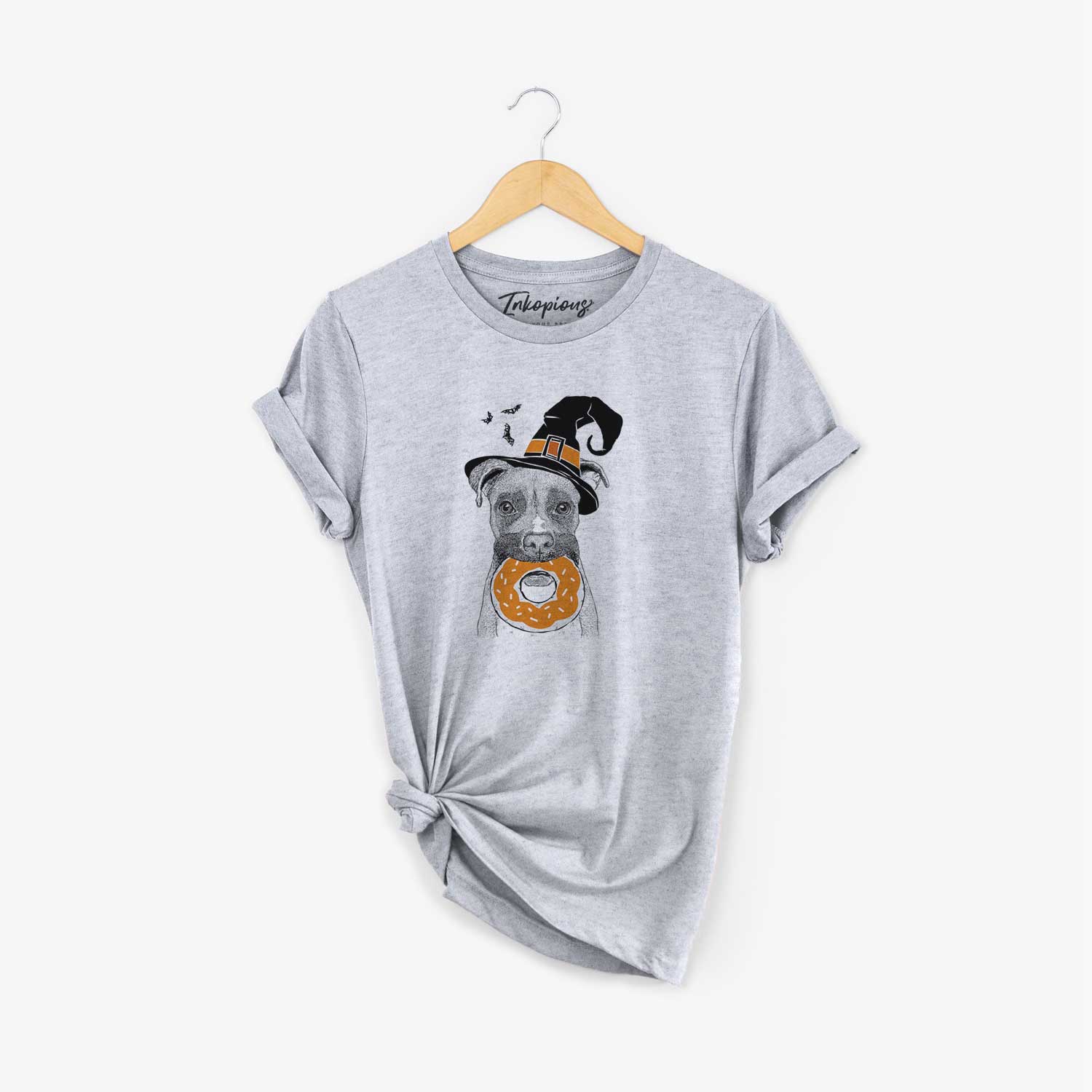 Hand-drawn sketch of Bo the Boxer wearing a witch hat on a Grey Unisex crewneck