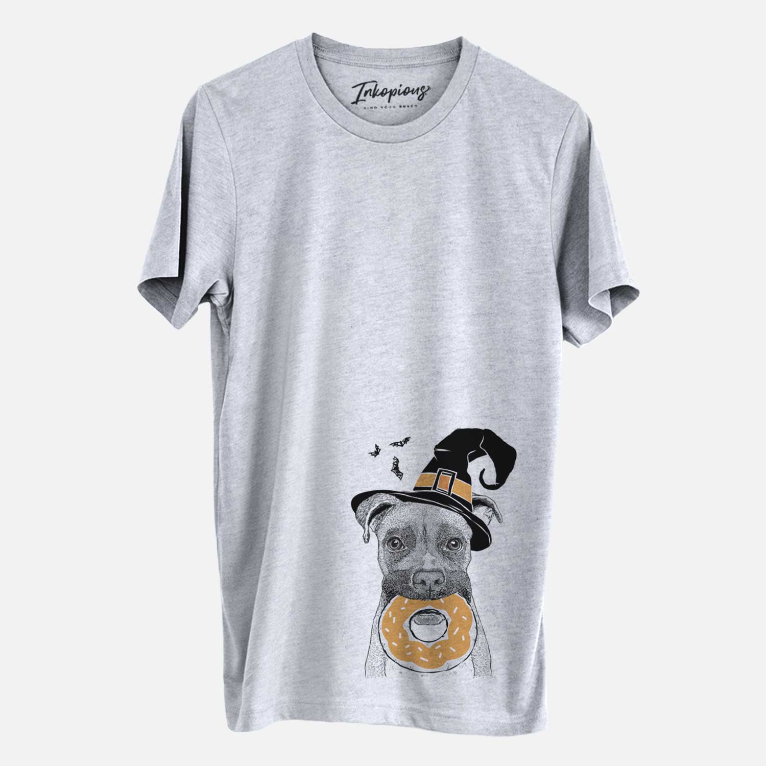Hand-drawn sketch of Bo the Boxer wearing a witch hat on a Grey Unisex crewneck